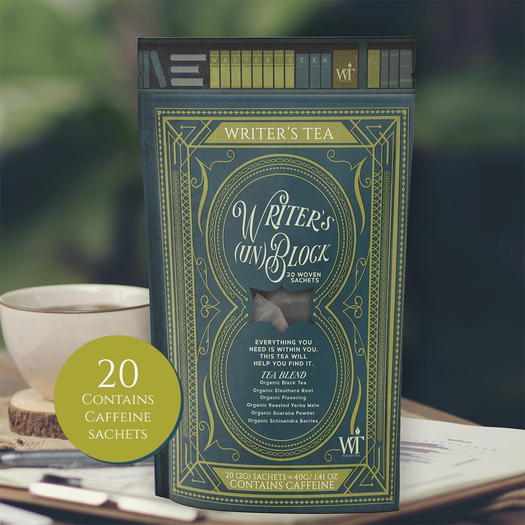Writer's Tea Writer's (Un) Block - Focus Tea - Black Tea, Eleuthero Root, Flavoring, Roasted Yerba Mate, Guarana Powder, and Schisandra Tea Blend - Contains Caffeine - 20 Woven Sachets