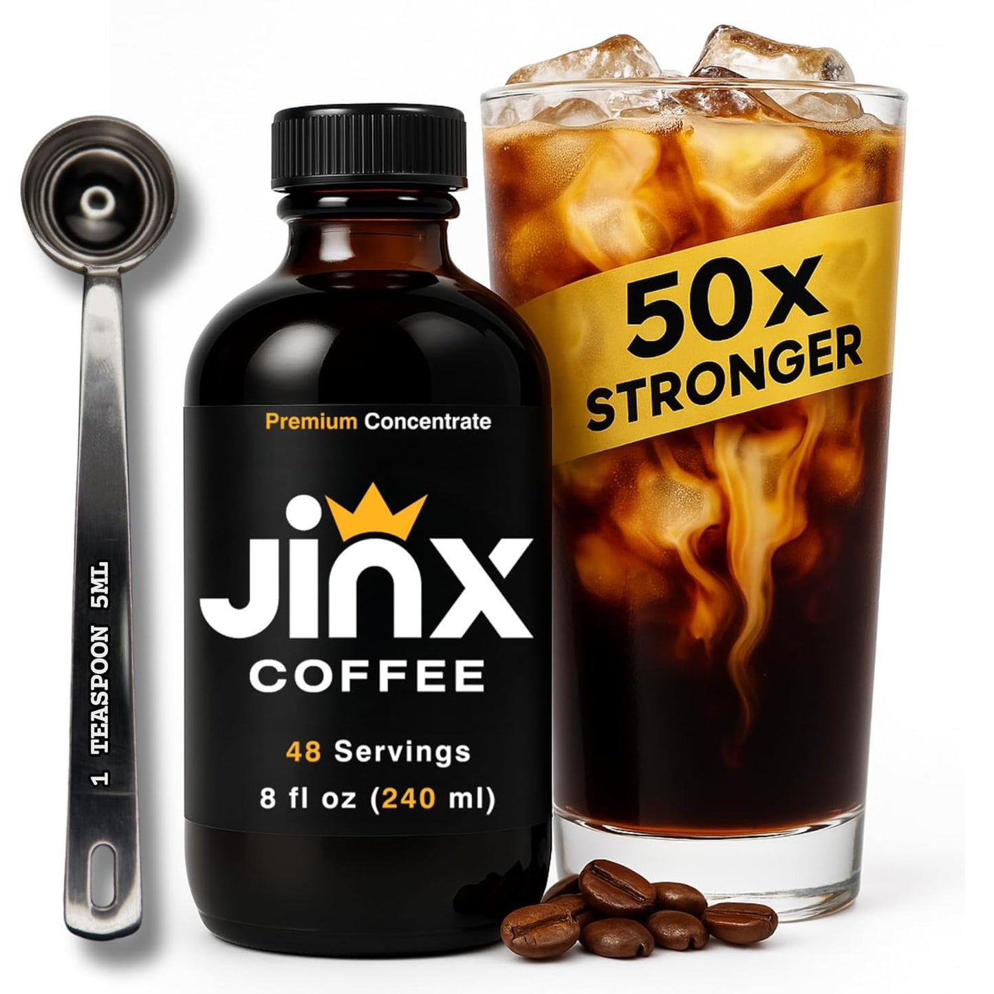 Jinx Coffee Concentrate – 50x Stronger Cold Brew Coffee | Strong Caffeine Concentrated Liquid, Perfect for Instant Hot or Iced Coffees, Cold Brew Concentrate, Hot Drinks, and Instant Espresso | 48 Servings of Premium Concentrated Coffee