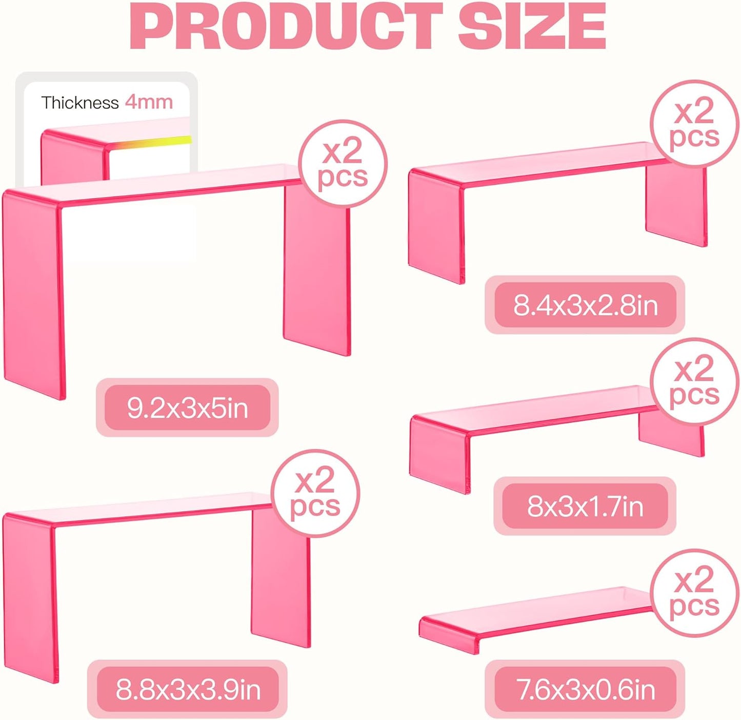 Goabroa Acrylic Display Risers, 2 Sets 10 Pcs Perfume Stand Organizer, Rectangular Riser Shelves for Figures, Cupcake, perfume display, Wine Glass and Handbag display，Transparent Pink