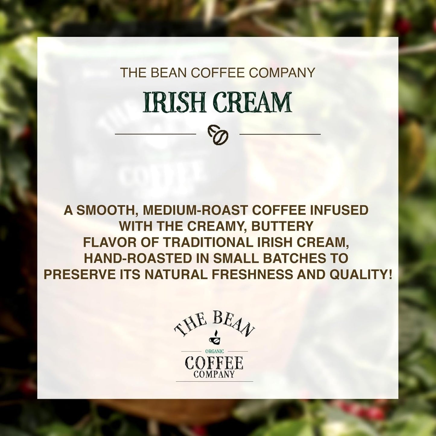 The Bean Organic Coffee Company Irish Cream, Medium Roast, Ground Coffee, 16-Ounce Bag, Café molido tostado orgánico