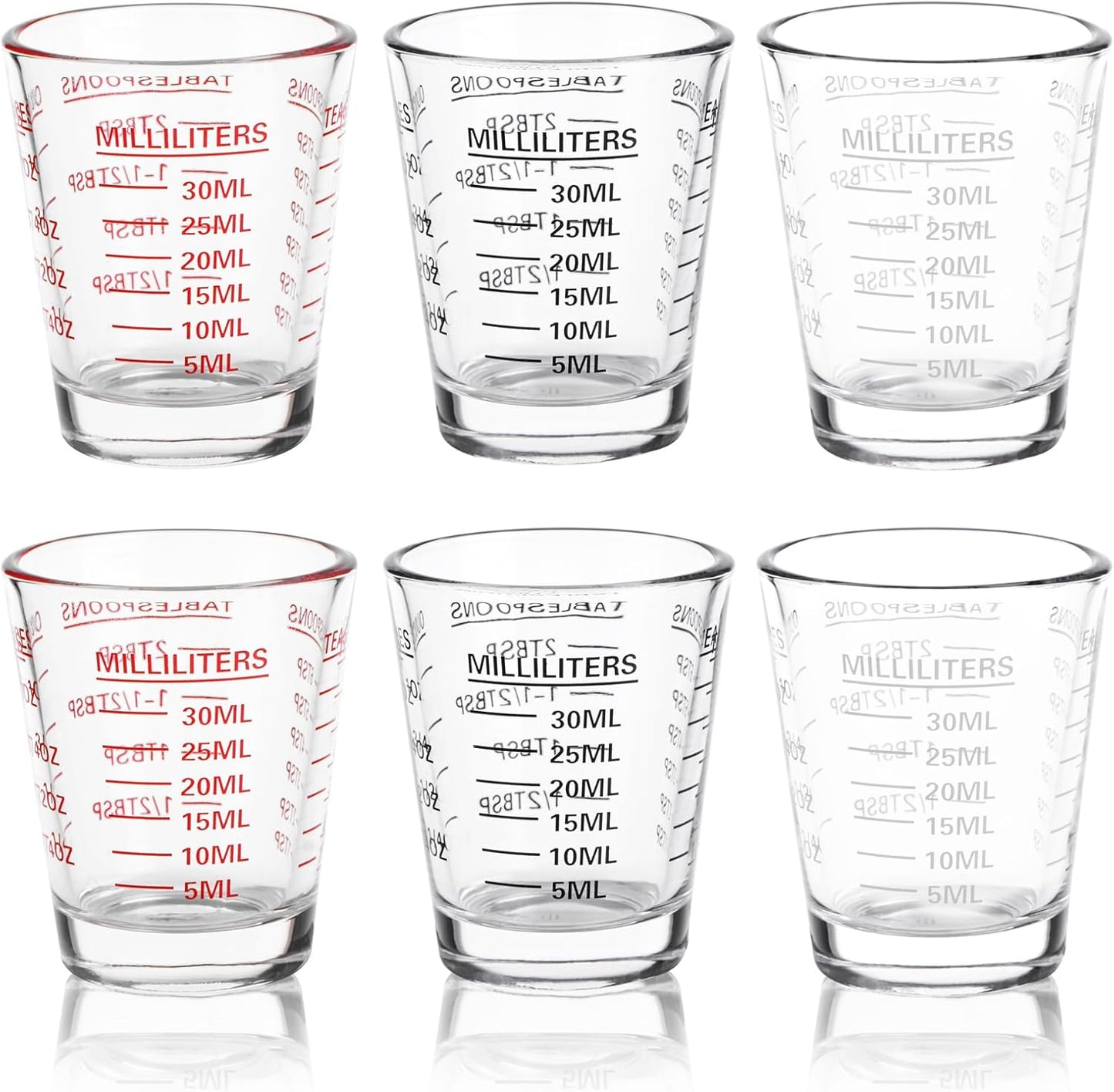 Shot Glasses Measuring Cup Set 6 Pack Espresso Shot Glasses Liquid Heavy Glass 26-Incremental Measurement 1 OZ, 2 TBS, 6 TSP, 30 ML Kitchen Tools