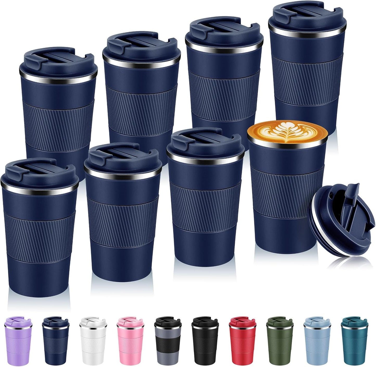 Volhoply 13 oz Stainless Steel Insulated Travel Coffee Mug with Fip Lid Bulk 8 Pack,Reusable Double Wall Vacuum Metal Coffee Cup,Portable Leak Proof Thermal Tumbler for Hot & Cold Drinks(Navy,8)