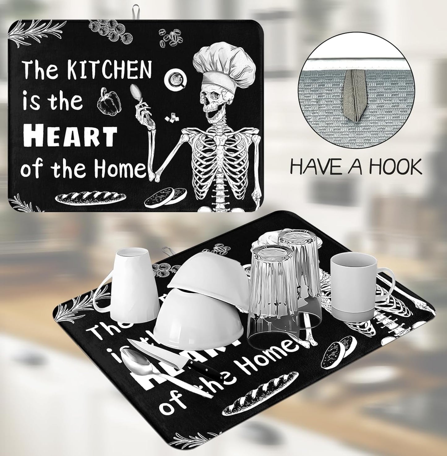 Halloween Skeleton Dish Drying Mat 18 X 24 Inch The Kitchen Is The Heart Of The Home For Kitchen Counter Reversible Dish Drying Pad Water Absorbing And Drying Mat For Kitchen Coffee Bar Decoration