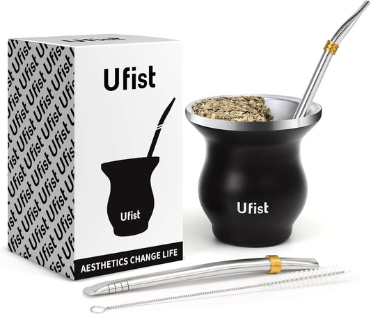 Yerba Mate Cup Set, Include Stainless Steel Double-Wall Mate Gourd with 2 Bombilla Straws and Cleaning Brush, 7.8oz Capacity, Black