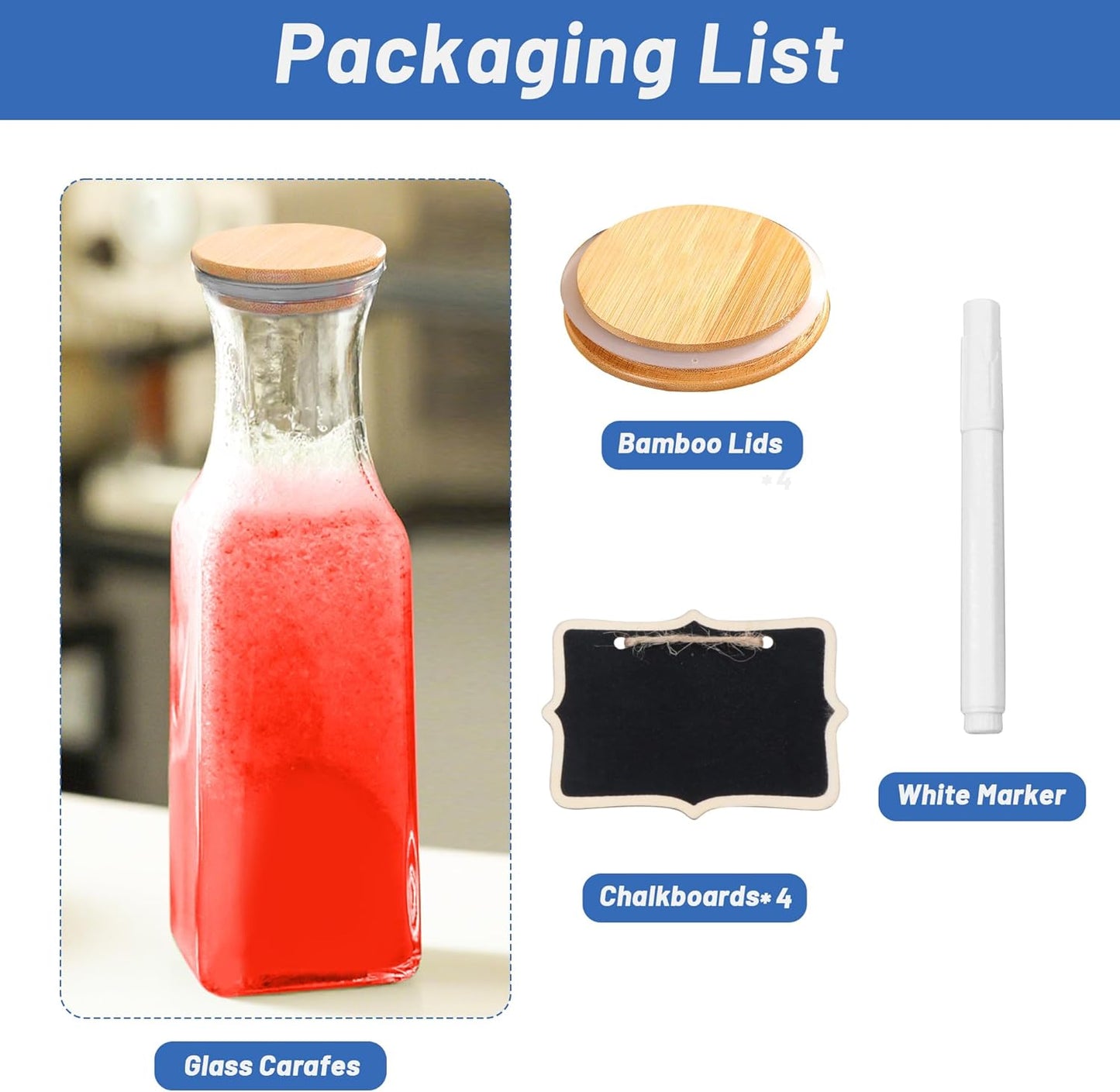 35 Oz Square Glass Carafe with Bamboo Lid, Beverage Dispensers,Mimosa Bar Supplies,Clear Glass Pitcher with Name Labels for Iced Tea,Coffee,Juice(Pack of 2)