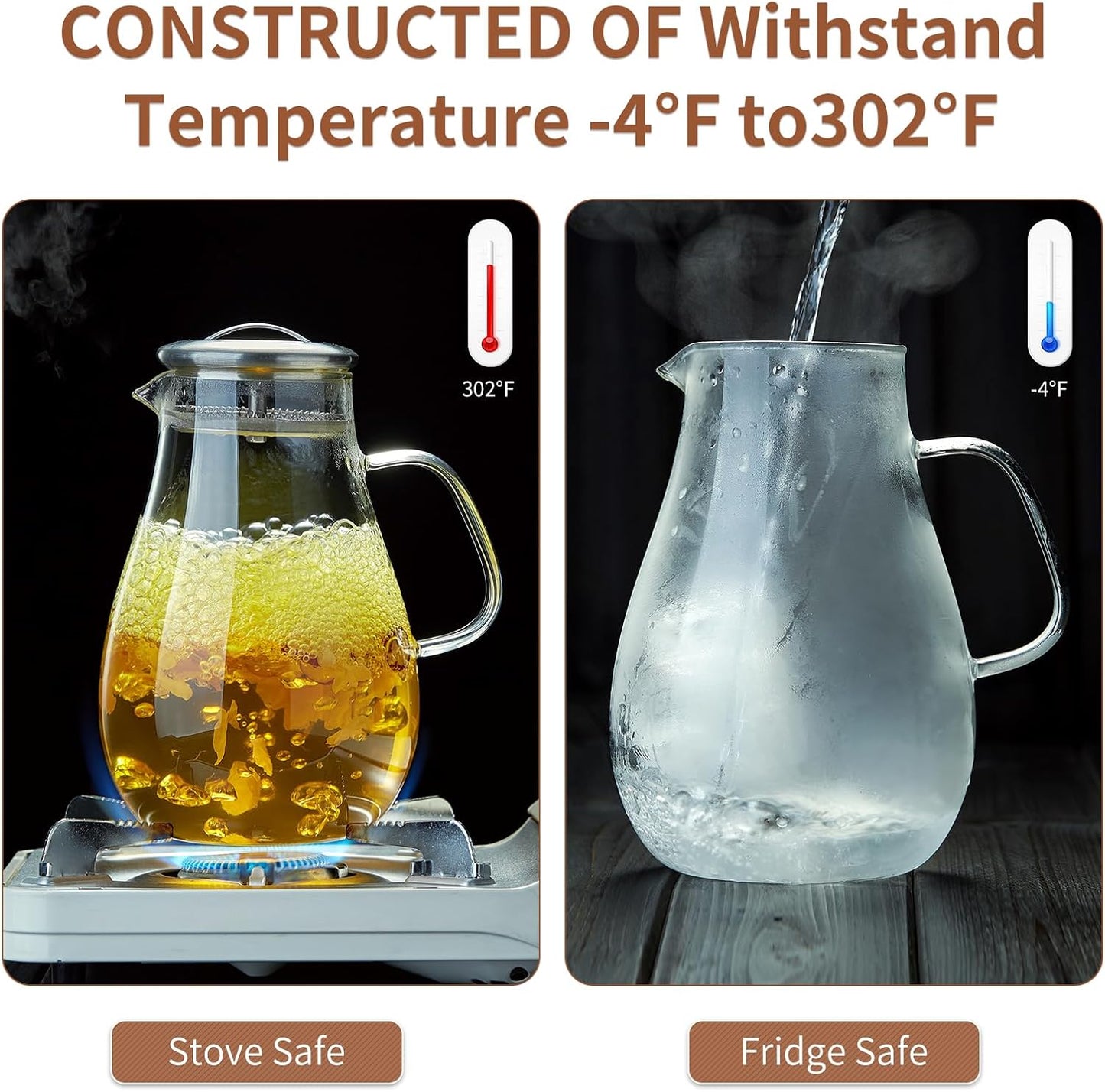 68OZ Glass Pitcher with Lid and Spout, Water Jug, 2000ML Carafe for Hot/Cold Water, Large Iced Tea Pitcher for Coffee, Juice and Homemade Beverage