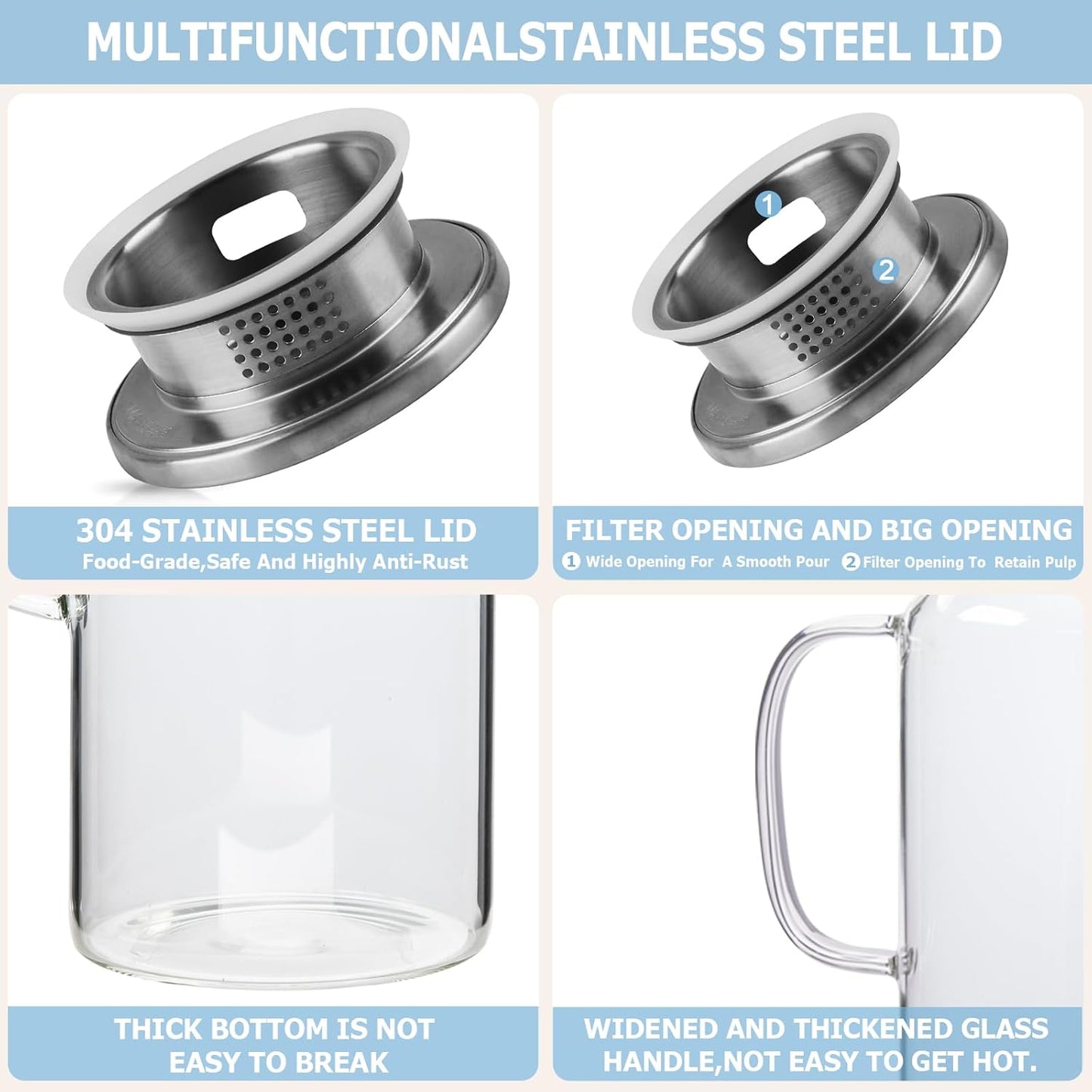 Yirilan Glass Pitcher, 2 Liter(68oz) Water Pitcher with Lid and Spout, Large Pitchers for Drinks, Glass Water Carafe, Glass Jug, Beverage Pitchers