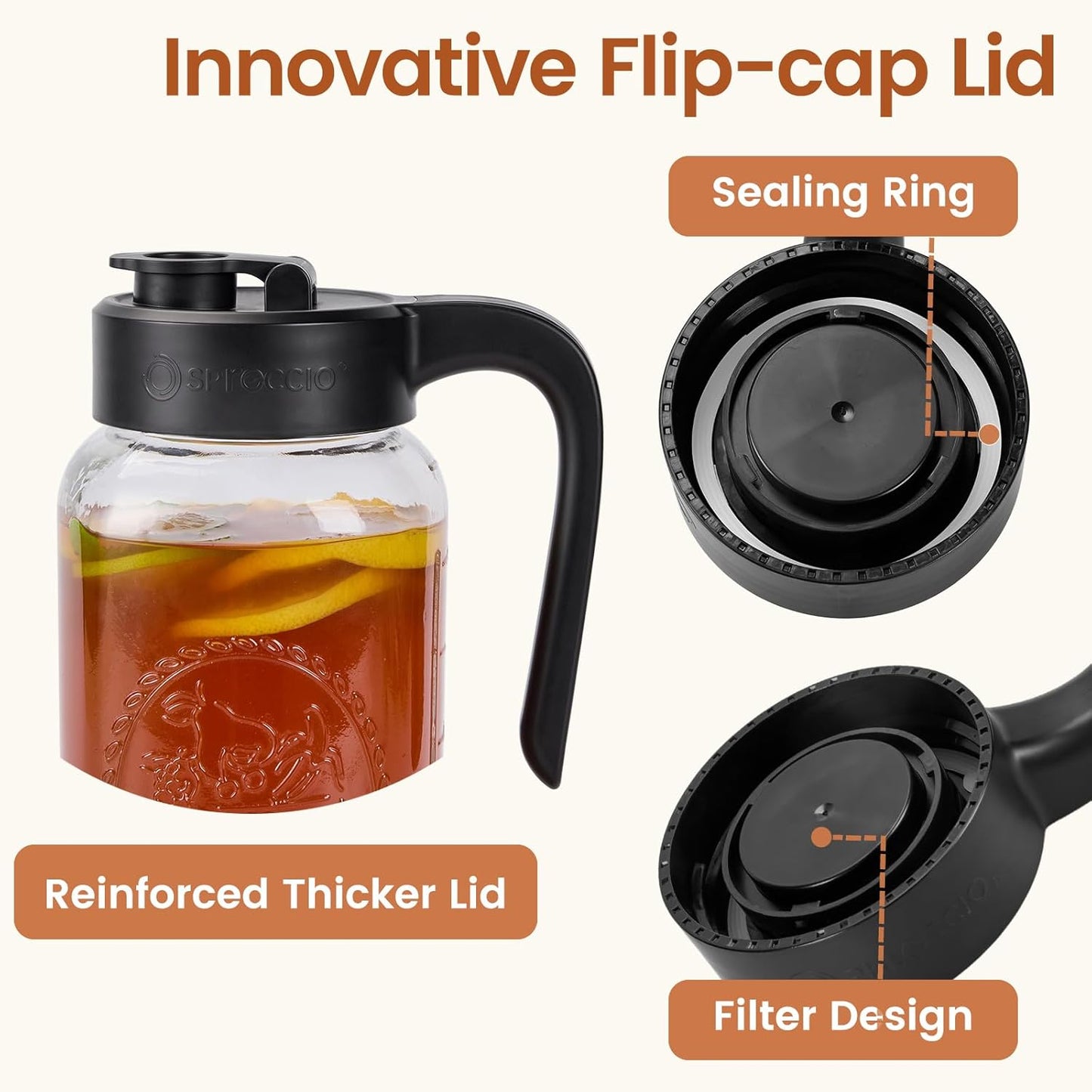 Mason Jar Pitcher with Tea Filter, Airtight & Leakproof Glass Pitcher with Lid, 64 oz Sun Tea Glass Jar for Outside, Perfect for Sun Tea, Lemonade, and iced Tea