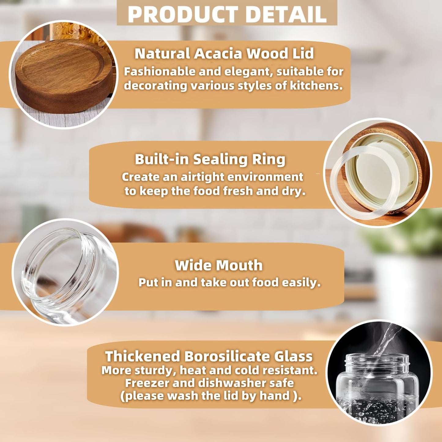 Set of 2 Glass Food Storage Jars, Premium Clear Glass Container Jar with Airtight Wooden Screw Lid, Kitchen Canisters for Coffee,Tea,Pasta,Cookies, Nuts,Spice,Candy,Overnight Oatmeal