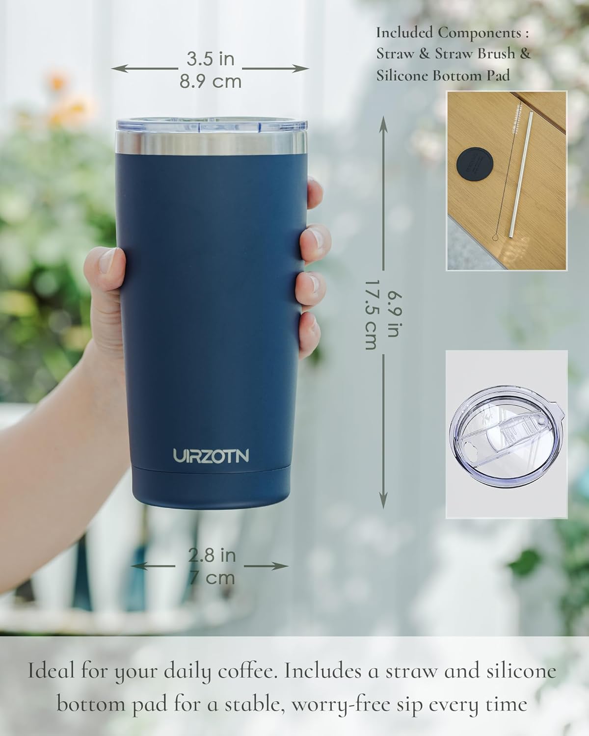Travel Coffee Tumbler 20oz, Leakproof Travel Coffee Mug with Lid and Straw, Stainless Steel Double Wall Vacuum Insulated Tumbler for Hot/Iced Drinks (Textured Matte, Navy Blue)