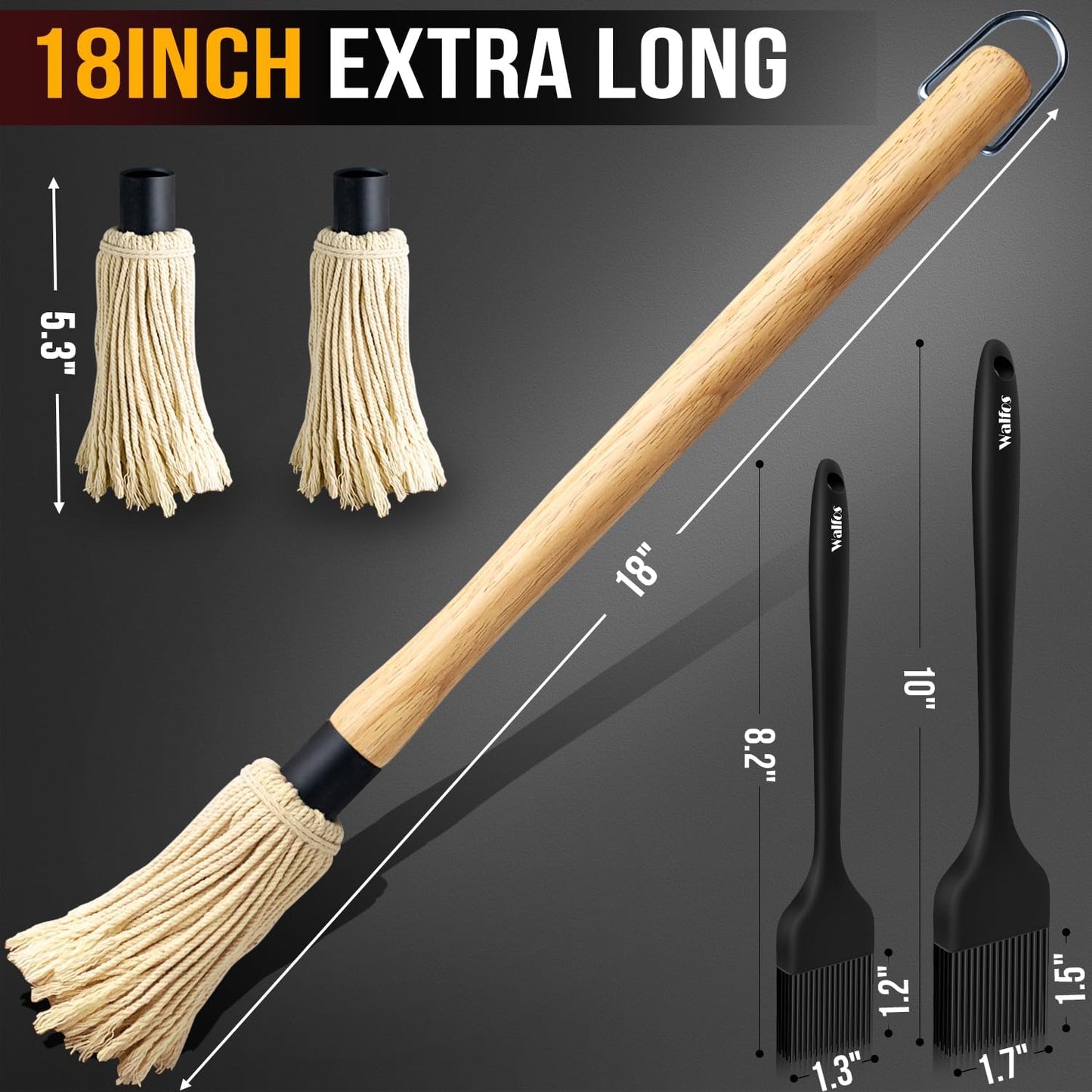 Walfos Basting Brush Silicone and BBQ Mop, Grill Basting Mop with 3 Heads and 2Pcs Pastry Brushes, Wooden Long Handle, Heat Resistant for Grilling, Smoking Steak, Kitchen Cooking (18"）