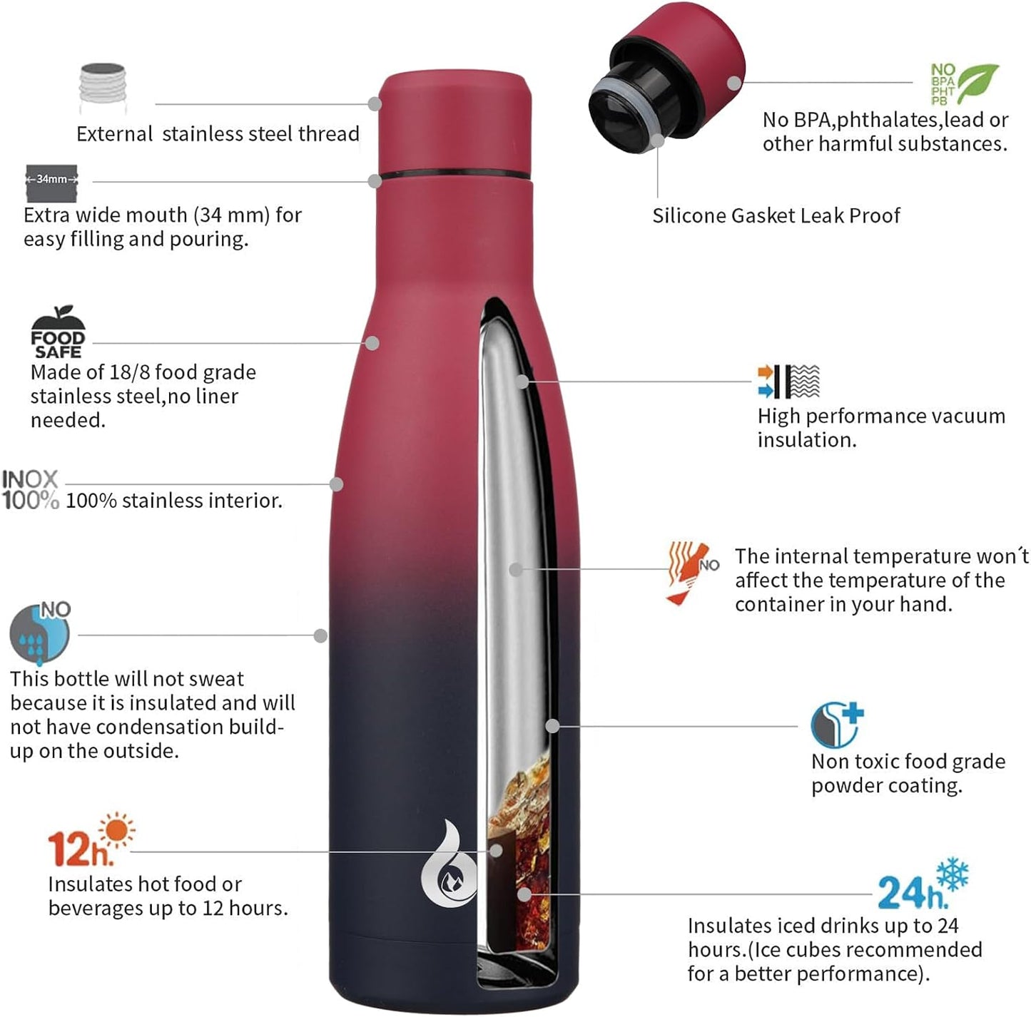 BJPKPK Insulated Water Bottle 17oz Stainless Steel Water Bottles Diashwasher Safe Reusable Metal Thermos Keep Cold and Hot,Charming Black Red