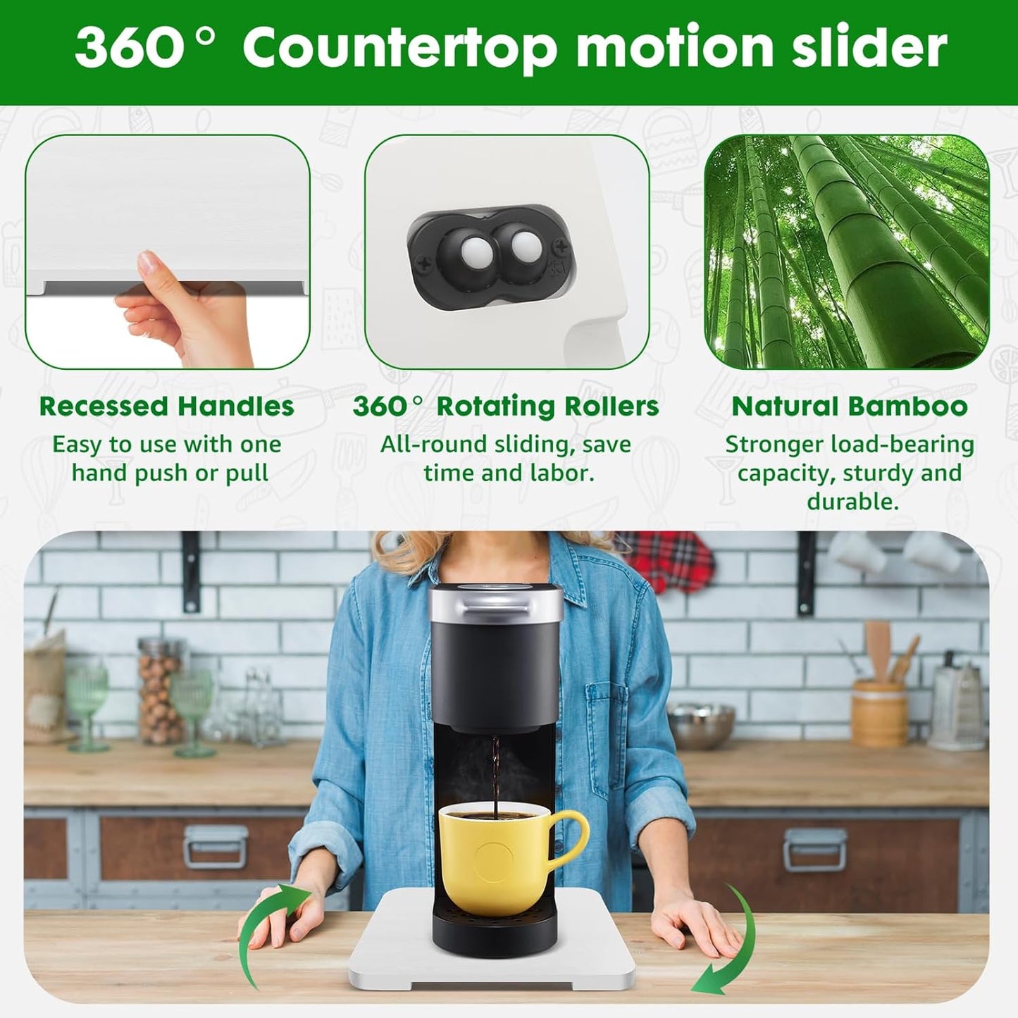 Appliance Slider 360° Rolling Tray for Coffee Maker- Bamboo Coffee Pot Slider Tray Countertop Rotation Sliding Tray with Wheels, Small Appliances Mat White (small 11.8" × 9.8" × 0.6")