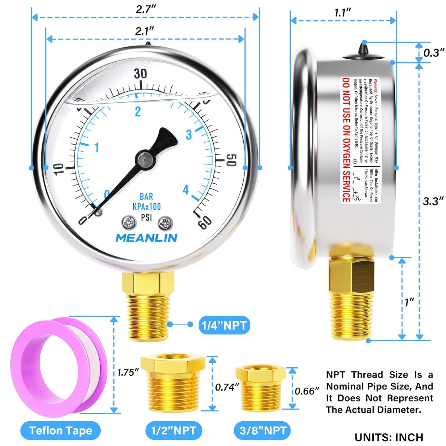 MEANLIN MEASURE 0~60Psi Stainless Steel 1/4" NPT 2.5" FACE DIAL Liquid Filled Pressure Gauge, Pool Sand Filter Pressure Test Lower Mount, with 1/2" NPT and 3/8" NPT Hex Bushing