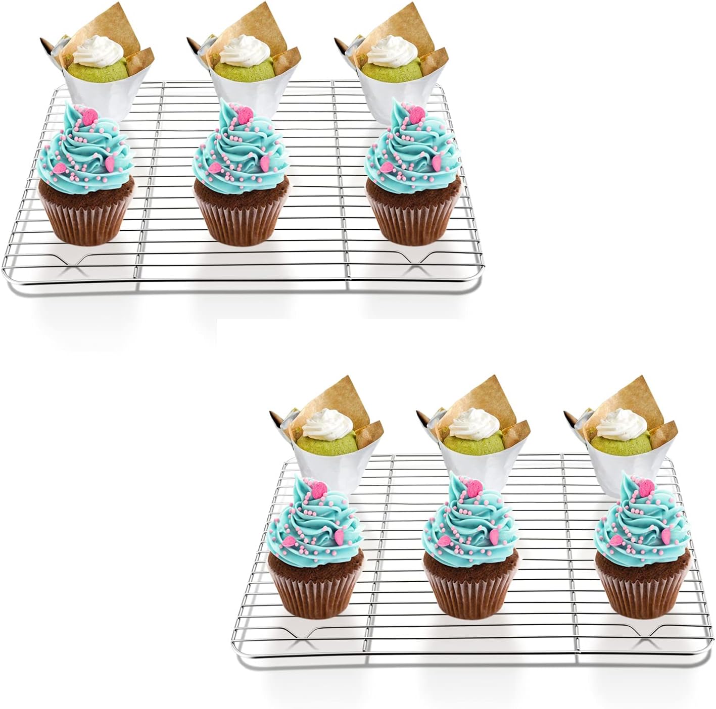 P&P CHEF Baking Cooling Rack Set for Cooking Roasting, 4-Piece Stainless Steel Wire Racks for Oven Use, Healthy & Dishwasher Safe, Rectangle, 9.7 Inch