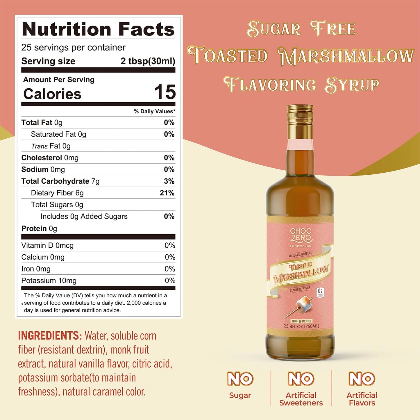 ChocZero Sugar Free Coffee Syrup, Toasted Marshmallow Flavor, No Sugar Alcohol Simple Syrup Drink Mix, Campfire Mochas, Protein Shakes & Baking, All Natural, 25.4 Ounces (Pack of 1)