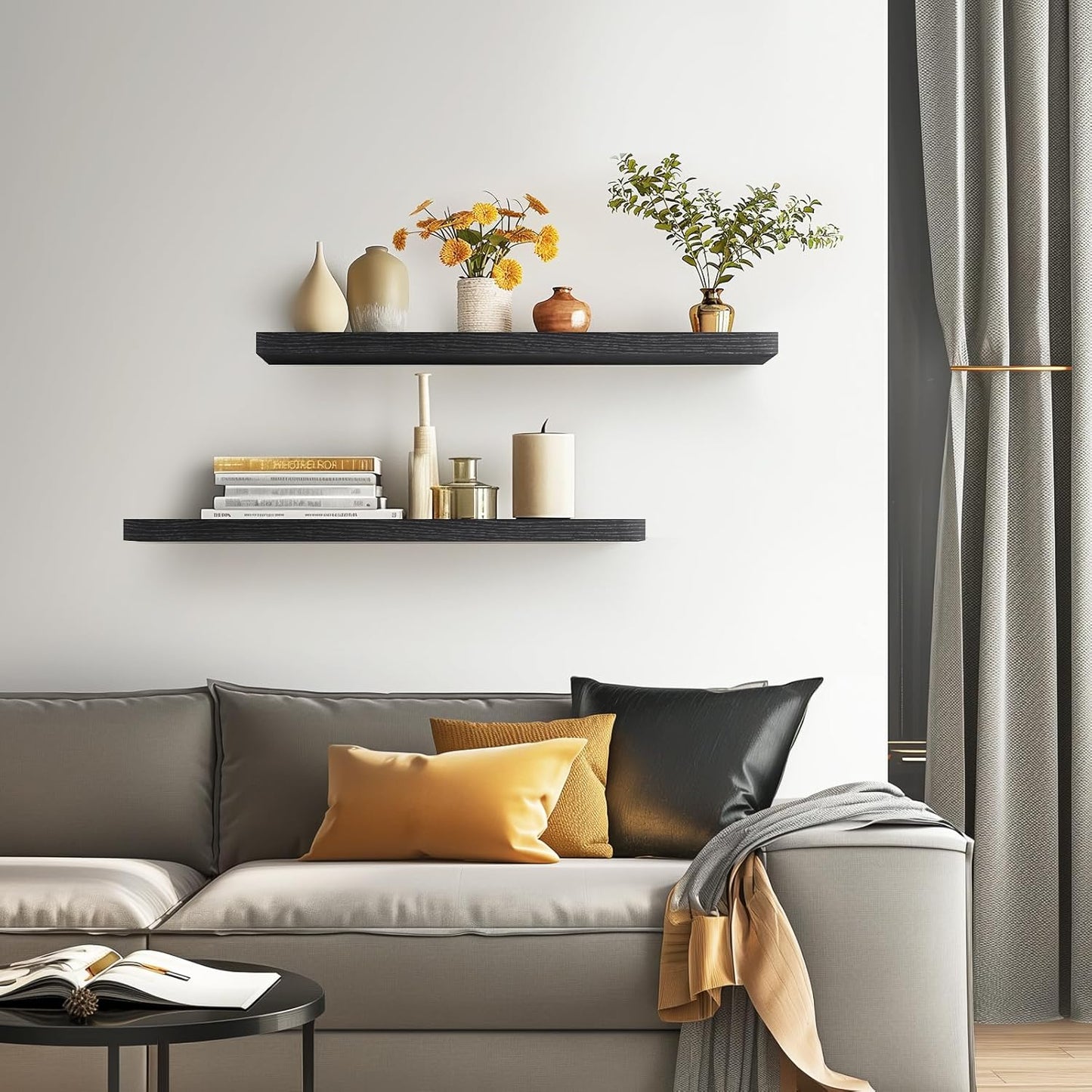 BAYKA Floating Shelves, 36" Wall Mounted Rustic Wood Shelves for Bathroom, Bedroom, Living Room, Kitchen, Office, Hanging Shelf for Books/Storage/Decor(Black,Set of 2)