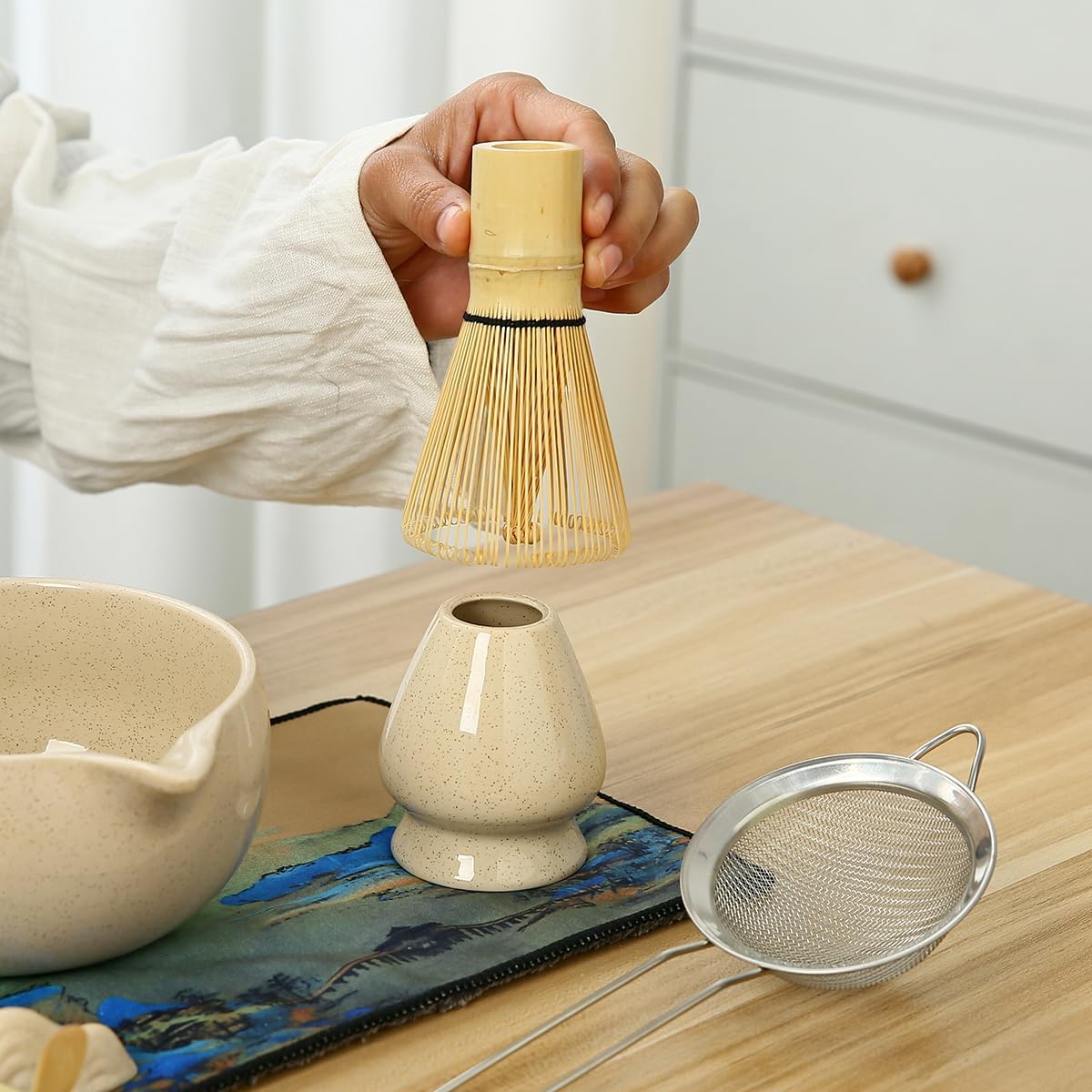 Matcha Set, 7 Pieces, Matcha Bowl with Spout, Whisk, Holder, Bamboo Scoop, Stainless Steel Sifter