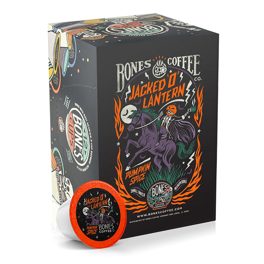 Bones Coffee Company Jacked 'O' Lantern, Pumpkin Spice Flavored Coffee Pods, Low Acid Medium Roast Single-Serve Bones Cups, Compatible with 1.0 & 2.0 K-Cups Brewers Coffee Maker, 12 Count