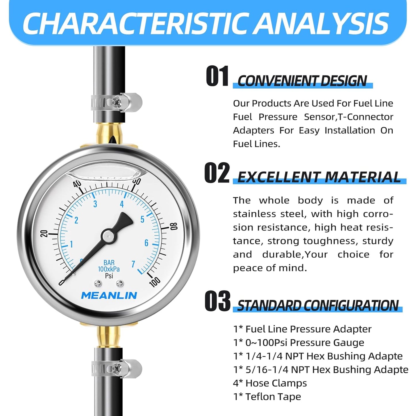 MEANLIN MEASURE 0-100Psi Stainless Steel Liquid Filled Pressure Gauge 1/4" NPT 2.5" FACE DIAL, with 1/4" 5/16" Barbed, WOG Water Oil Air (9Pieces KIT, Back Mount)