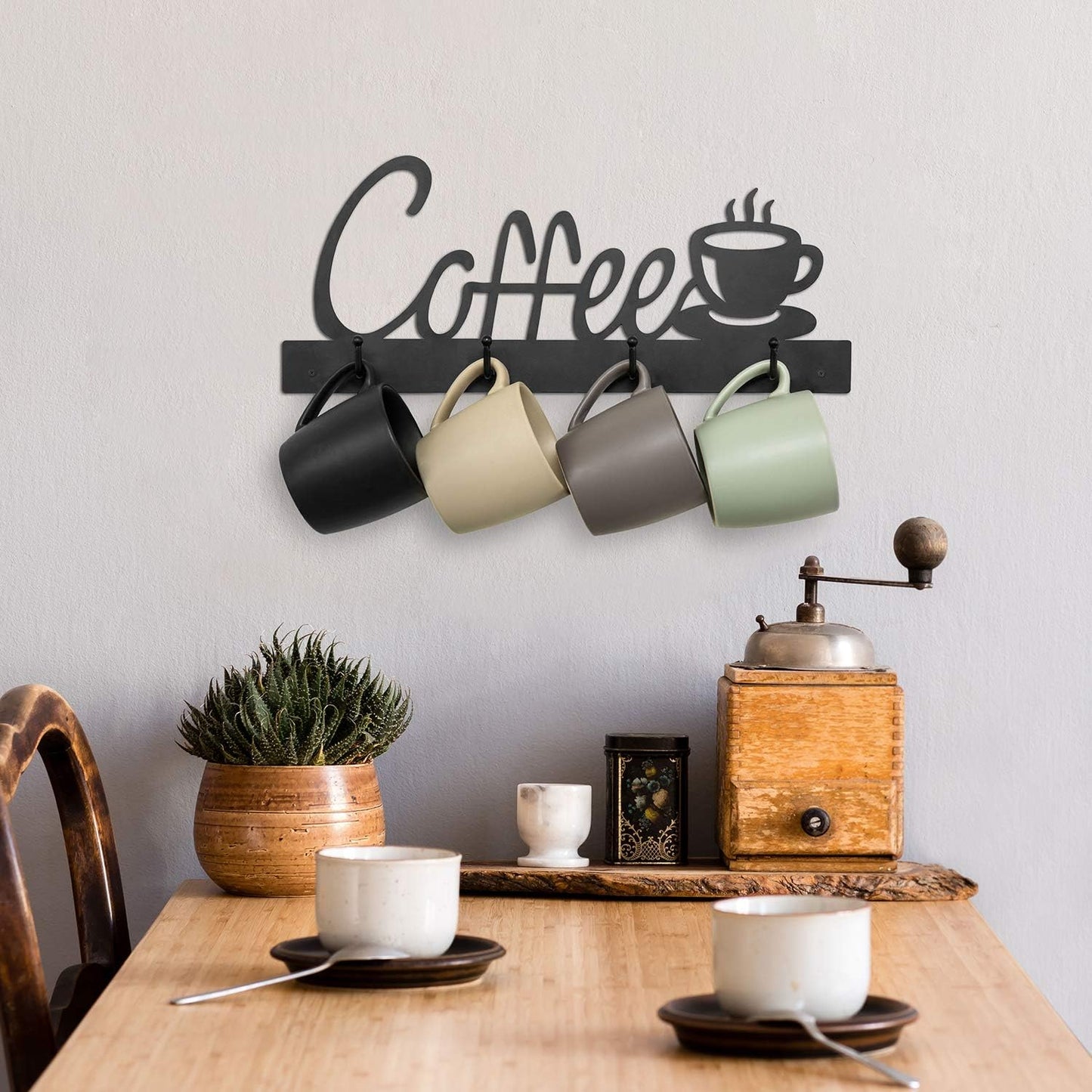 MyGift Black Metal Coffee Mug Rack Wall Mounted Holder with 4 Hooks and Coffee Word Sign and Cup Cutout Design