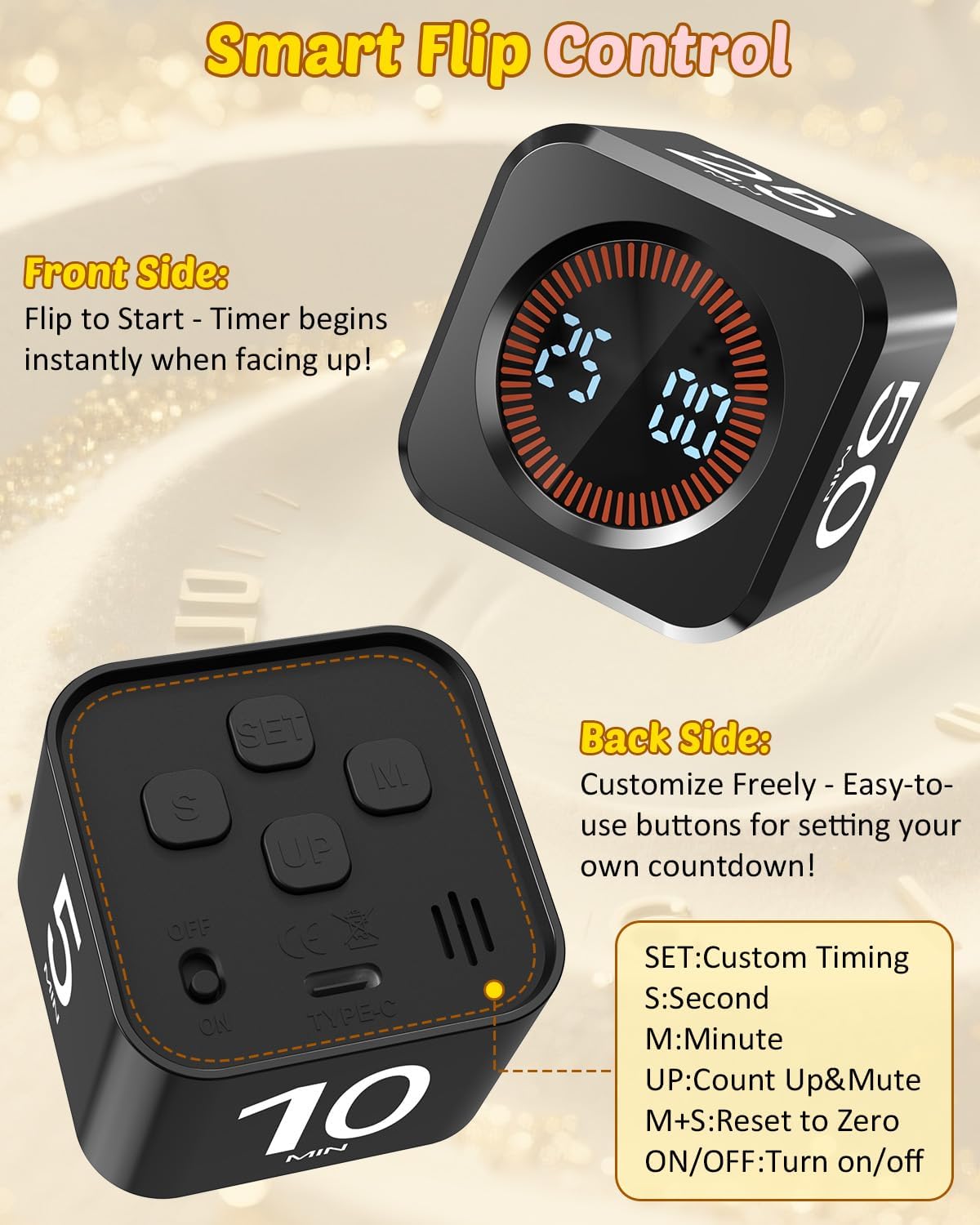 Pomodoro Timer Cube Visual Productivity Flip Timer for Kids Classroom Desk, 5/10/25/50min& Custom Countdown, Silent&Sound Mode Digital Cube for ADHD Study Work School Game Kitchen (Black)