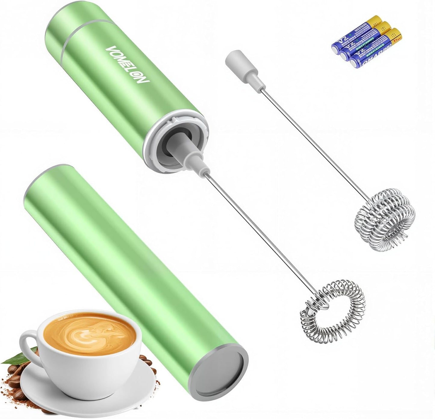 Electric Milk Frother Handheld,Travel Coffee Drink Mixer Batteries Included, 304 Stainless Steel Whisk for latte Cappuccino,Bulletproof Coffee Hot Chocolate,Egg-Grass Green