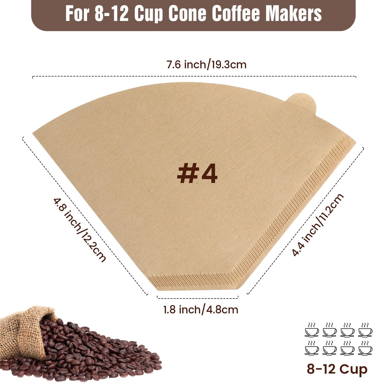 Coffee Filters, Size 04 Unbleached Cone Filters 8-12 Cup, 200 Count Disposable Natural Paper Filters, 04 Cone Filters For Pour Over and Drip Coffee Maker