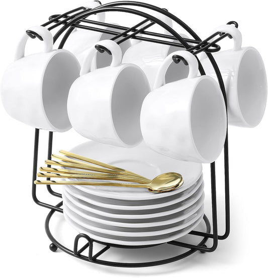 Yedio 4 oz Espresso Cups with Saucers and Metal Stand, Spoons, Porcelain Stackable Coffee Cups, Demitasse Cups, Perfect for Single or Double Espresso, Cappuccino, Latte and Tea - Set of 6, White