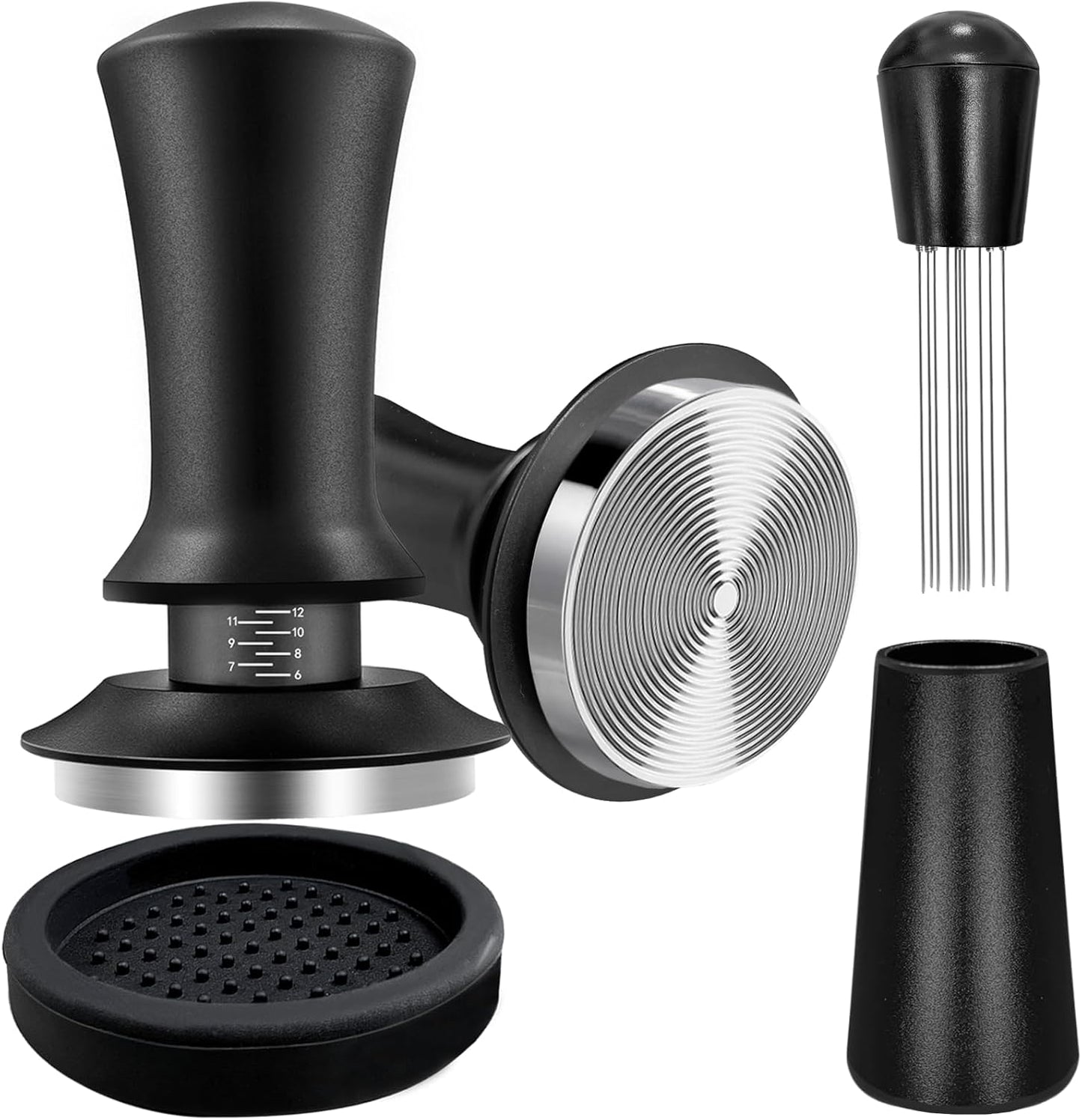 Coffee Espresso Tamper 51mm with WDT Tool Calibrated Spring Loaded, Coffee Tamper with Silicone Tamper Mat,Black Espresso Distribution Tool,Stainless Steel Base Tamper for Espresso Coffee Machine