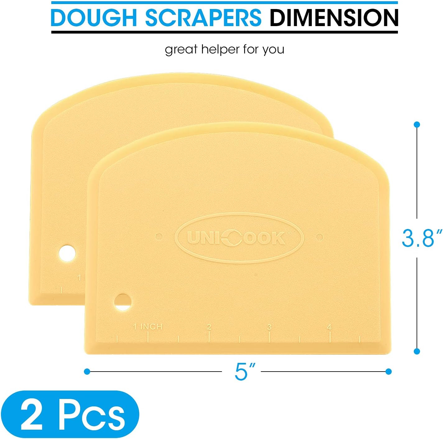 Unicook Dough Scraper, Flexible Bowl Scraper, Pastry Cutter with Measuring Scale, Nonslip Pizza Chopper, Multipurpose Baking Tool for Pizza/Dough/Cake, Easy to Clean, 2 Pack