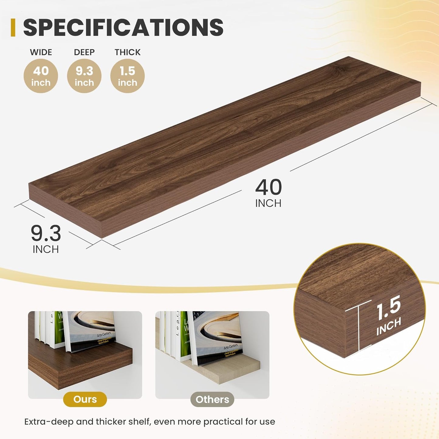 40 Inch Floating Shelves, 9.3" Deep Floating Shelf Wall Mounted, 40" Wall Shelves, Rustic Deep Bookshelf, Large Display Shelves & Storage Shelves for Bedroom, Living Room, Walnut, Set of 2