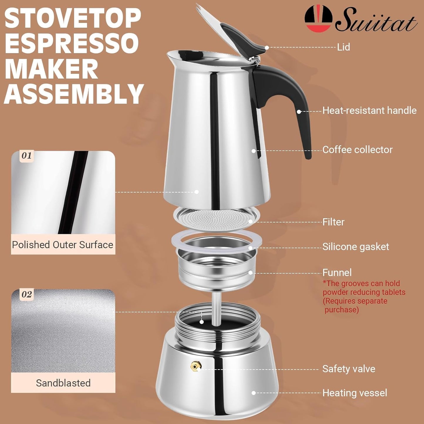Moka Pot, 4 Cups (7.1 oz) Stovetop Espresso Maker, 304 Stainless Steel Moka Pot, Induction Compatible, Silver
