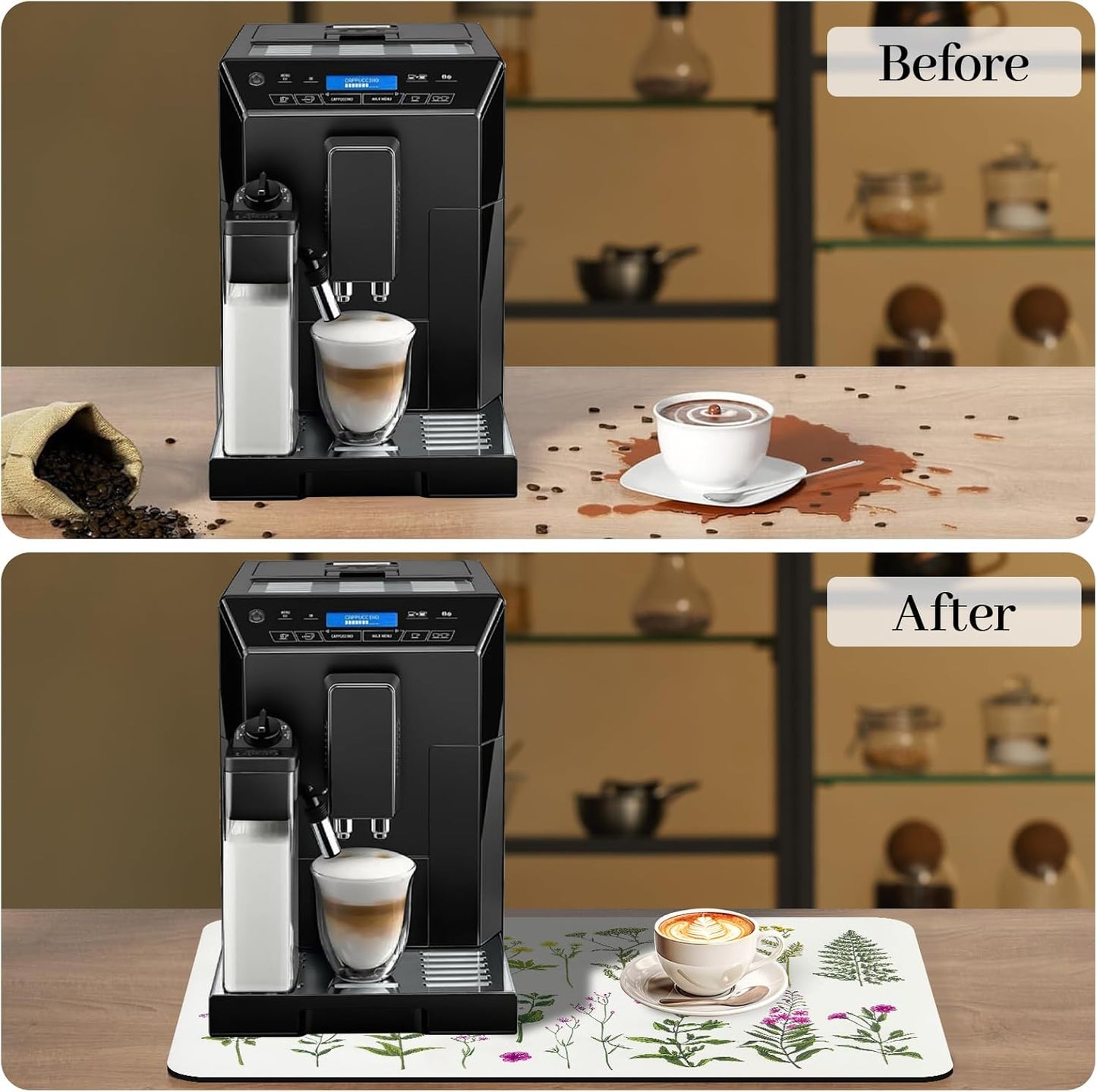 Bloss Dish Drying Mat, Multiple Usage Coffee Bar Mat, Kitchen Counter Mat, Absorbent Hide Stain Rubber Backed Dish Drying Pad(16.1"x24.1", 2-Row Flower)