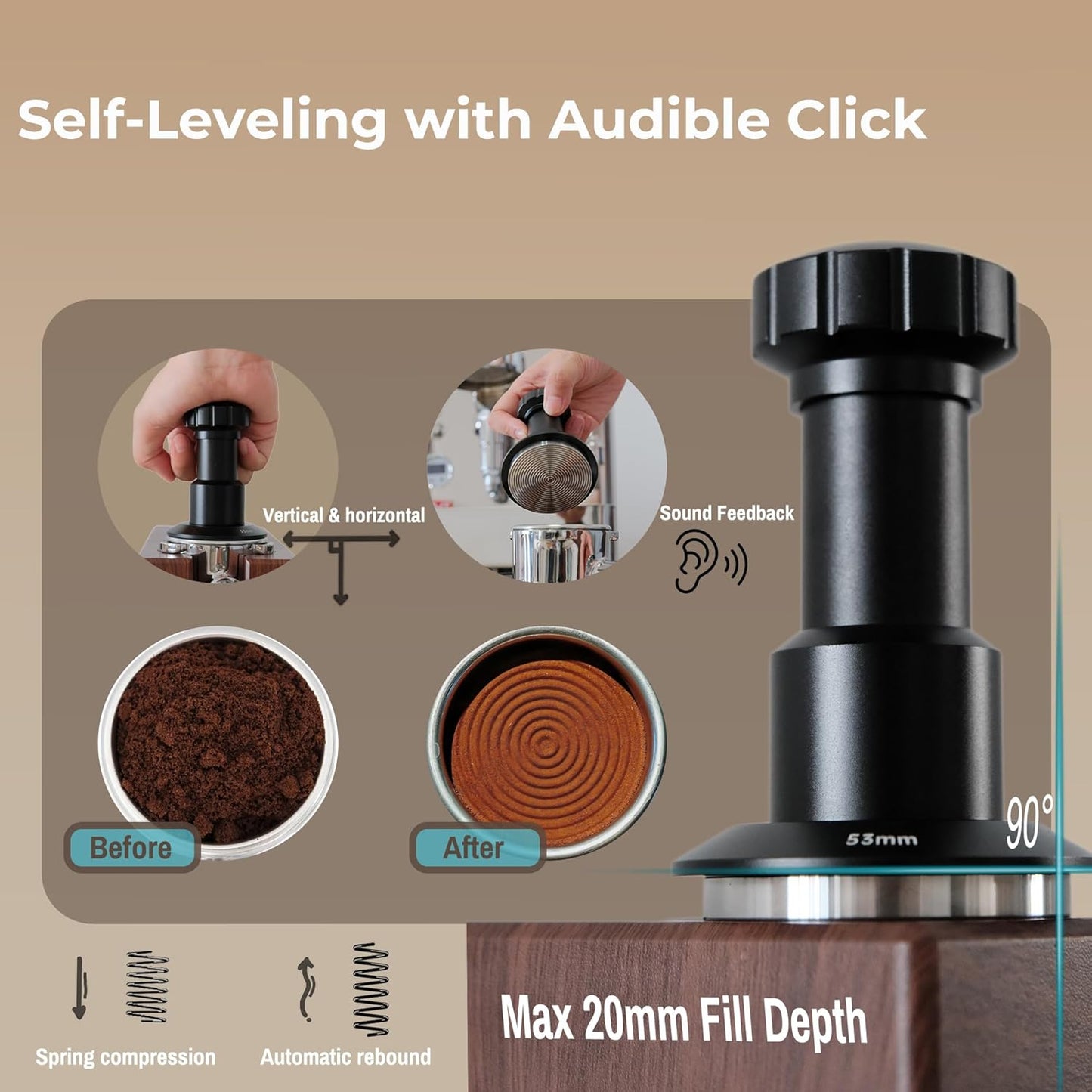 Coffee Tamper 58.35mm, Spring Loaded Espresso Tamper with 25lb/30lb/35lb Calibrated Springs, Sound Feedback & Ripple Base for Even Extraction, Espresso Accessories