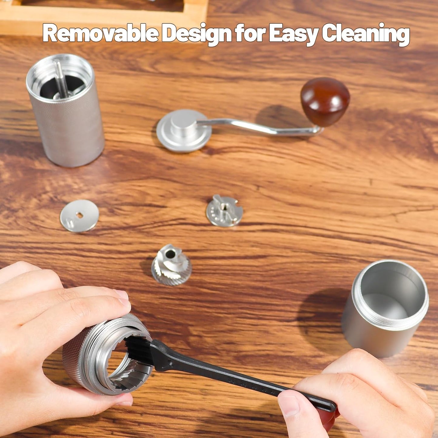 Manual Coffee Grinder Detachable Stainless Steel Conical Burr Aluminum Coffee Bean Grinder with 25 Grinding Settings Cleaning Brush Grindable Espresso Moka Pot French Press for Camping Silver