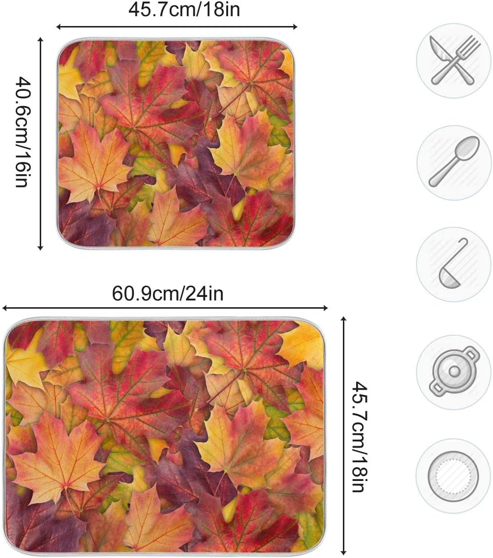 Colorful Autumn Maple Leaves Dish Drying Mat for Kitchen Counter Fall Drying Mat 18 x 24 Inch with Absorbent Reversible Microfiber Dish Drying Pad Dish Rack Drainer Mats for Coffee Bar