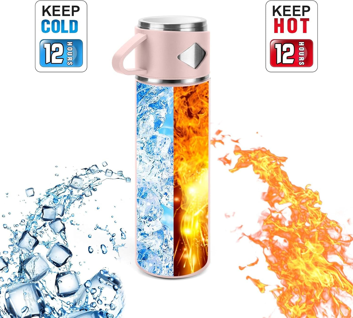 Stainless Steel Thermo 700ml/23.7oz Vacuum Insulated Bottle with Cup for Coffee Hot drink and Cold drink water flask.(Pink,Set)