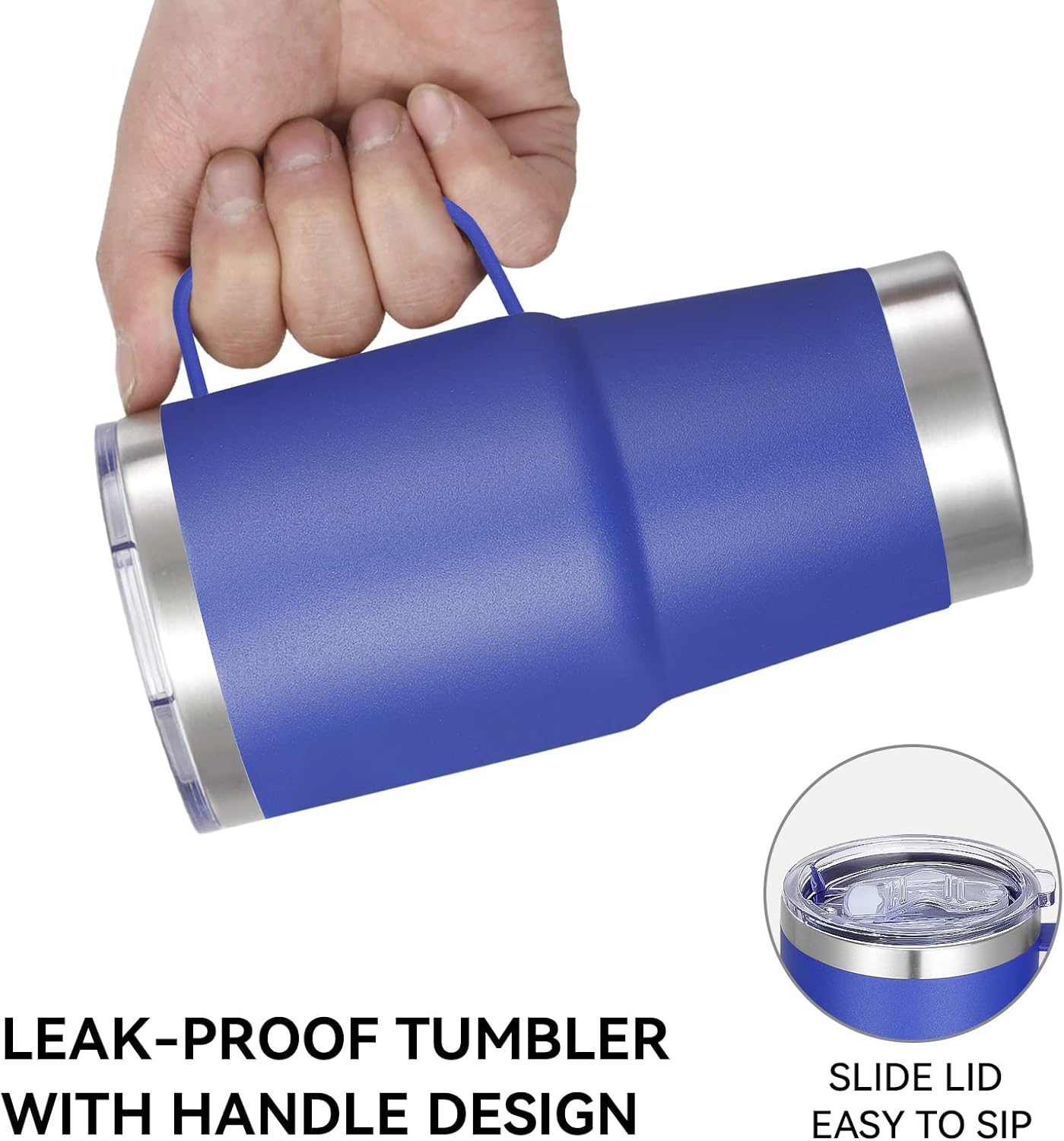 VEGOND 20 oz Tumbler Bulk with Handle Lid and Straw, Stainless Steel Insulated Travel Coffee Mug Set, Spill Proof Double Wall Metal Tumblers Cups, Powder Color Royal Blue 12 Pack