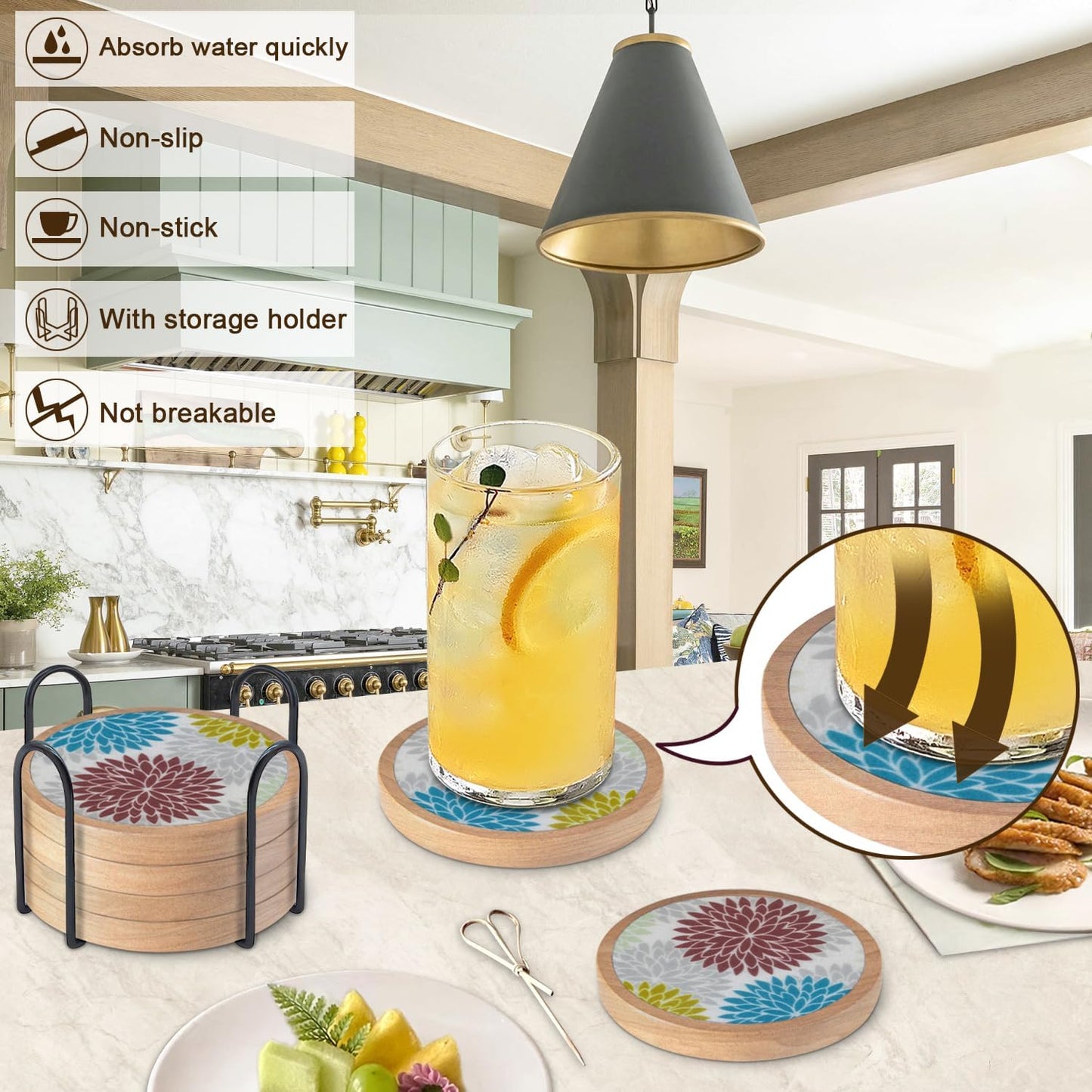 Wood Coasters Set of 6 with Holder, Cewiru Cup Mat for Drinks, Absorbent Coasters with Felt Insert for Coffee Table Protection, Modern Style Home Dining Table Decor, 4.3" Colorful