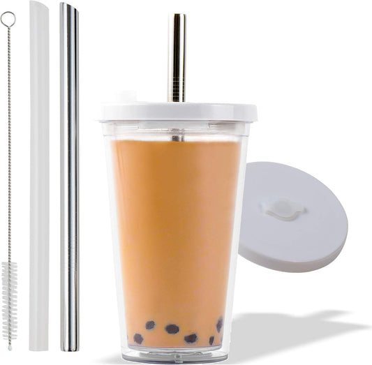 Reusable Boba Cup for Regular Size Bubble Tea (16 Oz), Angled Straws, Leak Proof Design, Double Wall Insulated Bubble Tea Cup