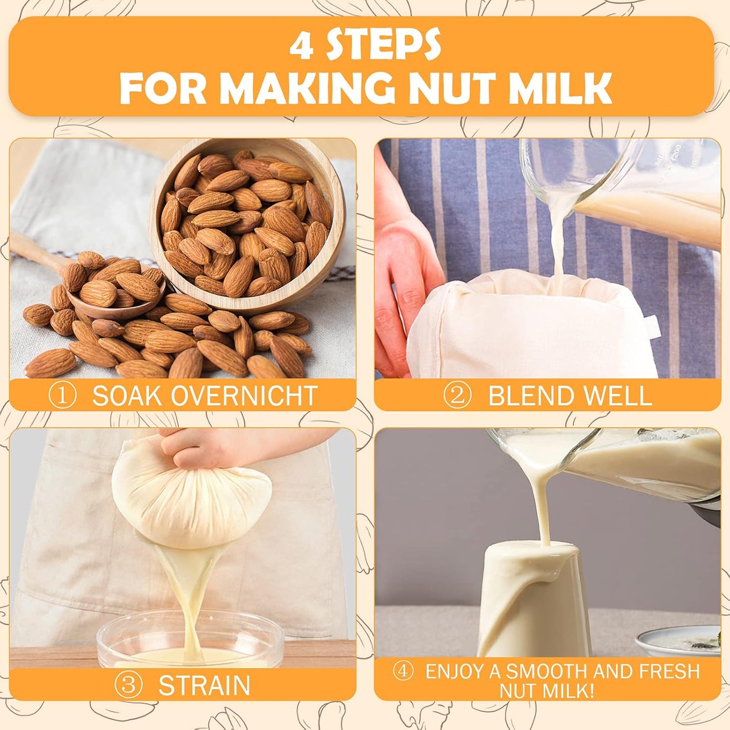 10 Pack Nut Milk Bag, 8‘’ x 12‘’ Fine Mesh Grade Reusable Cheesecloth Bags Strainers, Unbleached Organic Cotton Filter Bags for Almond Milk, Juices, ColdBrew, Cheese, Tea, Yogurt, Coffee