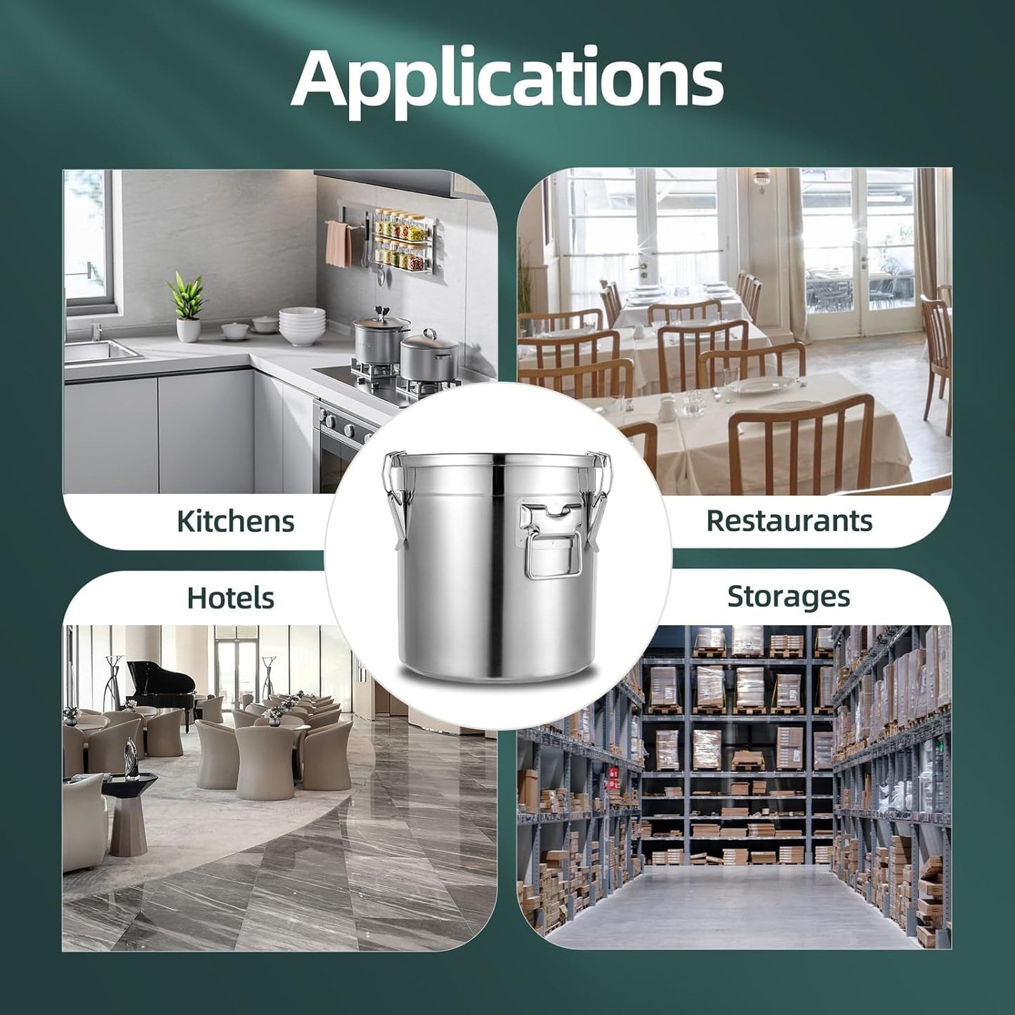 PERFERATE 304 Stainless Steel Airtight Canister 6L/12L Food Storage Bucket with Lids and Sturdy Locking Clamp Metal Cereal Rice Storage Container for Flour, Coffee Bean, Sugar, Cookie (21L)