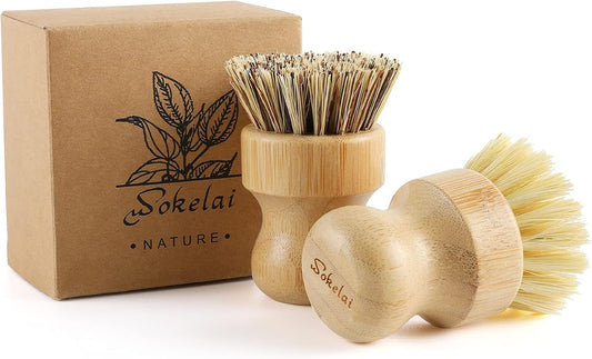 Bamboo Dish Scrub Brushes Set for Kitchen - Wooden Cleaning Scrubbers Brushes, Eco-Friendly Natural Dishes Washing Brush for Dishwashing Cast Iron Pots Pans Skillet Vegetables Sink, Set of 2