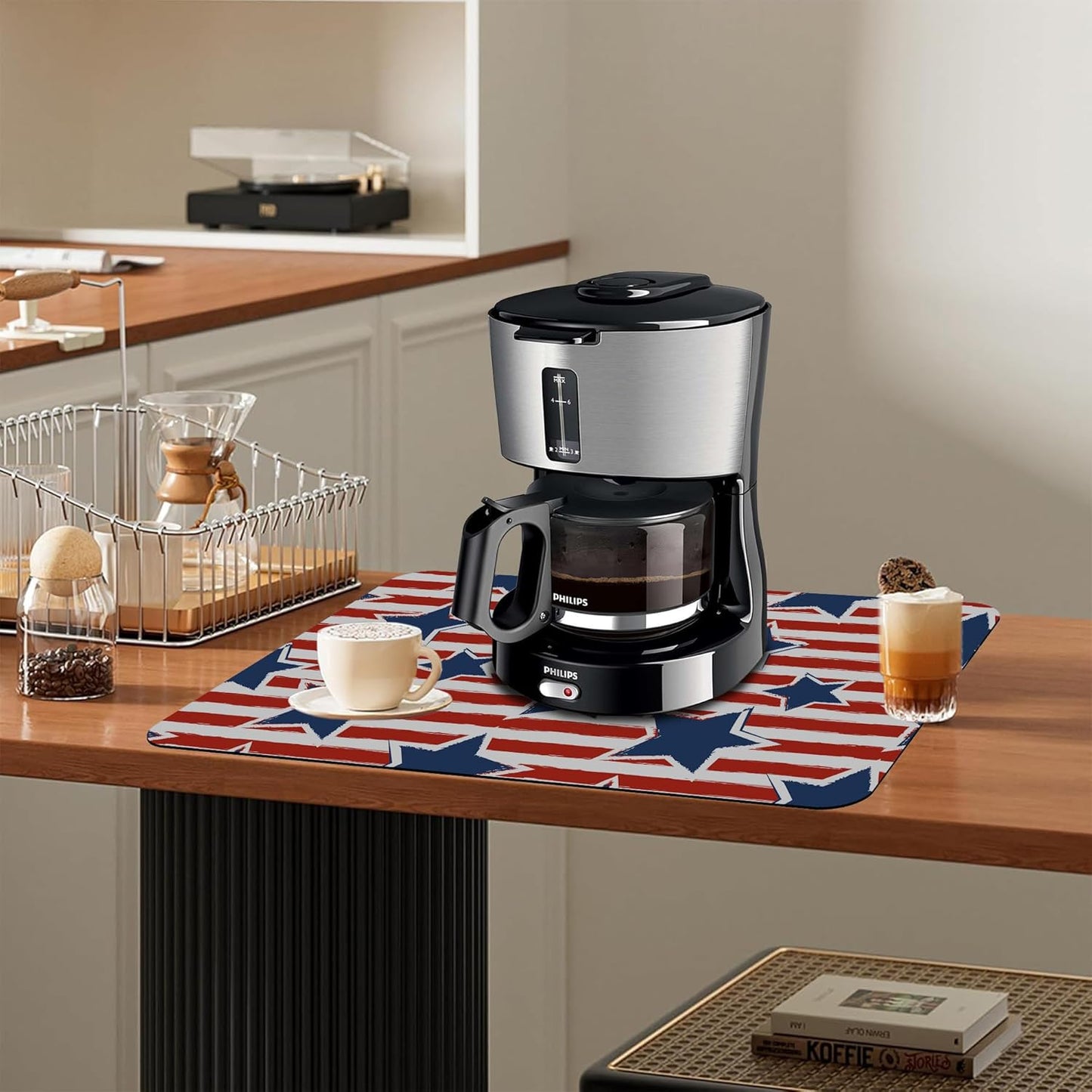 Dish Drying Mat Watercolor Blue Star Red Stripes Kitchen Mat 12"x19" Bsorbent Coffee Maker Mat for Dishes,Utensils Coffee Maker Pots and Pans Easy Clean Dish Slip Resistant Pad