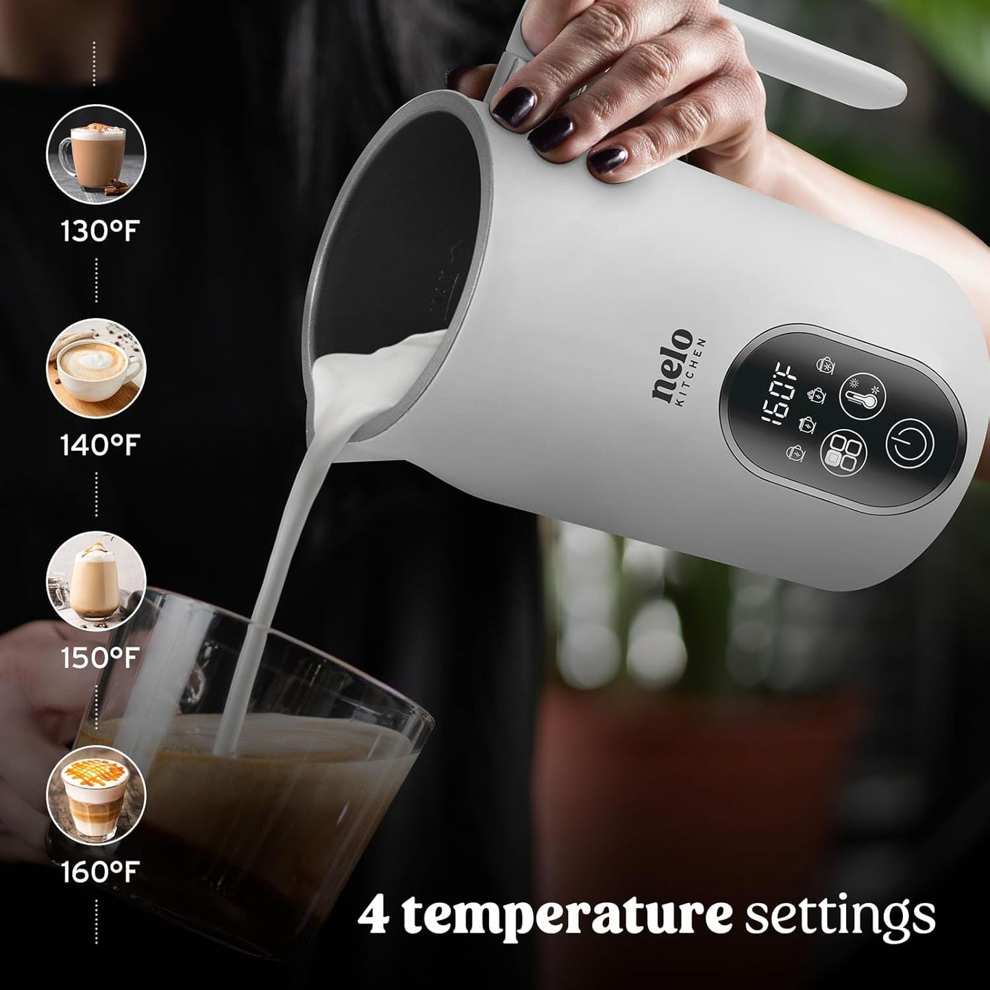 NELO Electric Milk Frother, 4 In 1 Digital Milk Frother and Steamer with Real-Time Temperature Control, Automatic Frother for Coffee, Latte, Hot Chocolate, Cappuccino, BPA Free Stainless Steel (White)