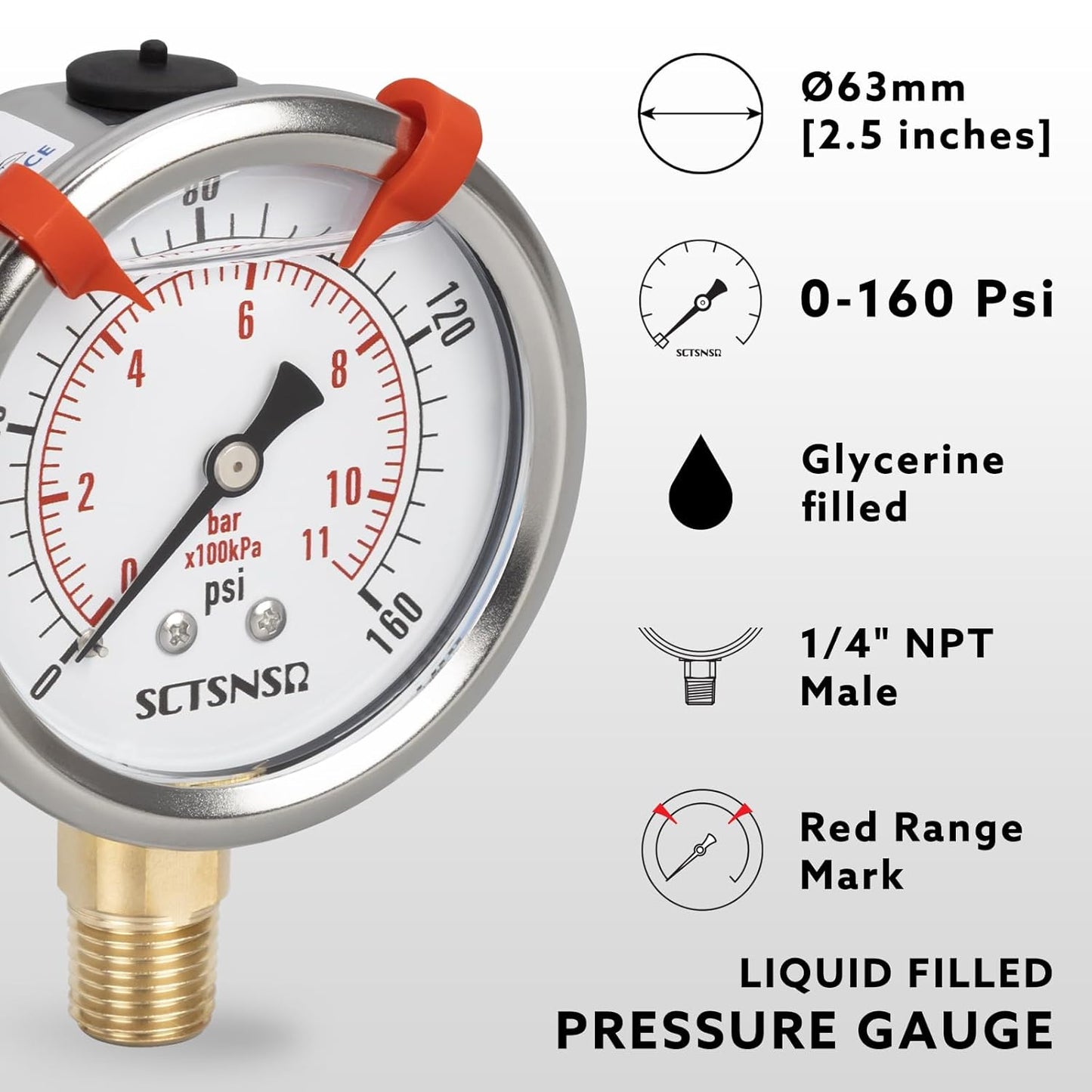 0 to 160 Psi Pressure Gauge, Glycerin Liquid Filled, 2.5 inch Dial, 1/4" NPT Lower Mount, Stainless Steel Case, for Air Compressor, Well Pump, Water, RV, CO2, Pipe, Gas, Pressure Test