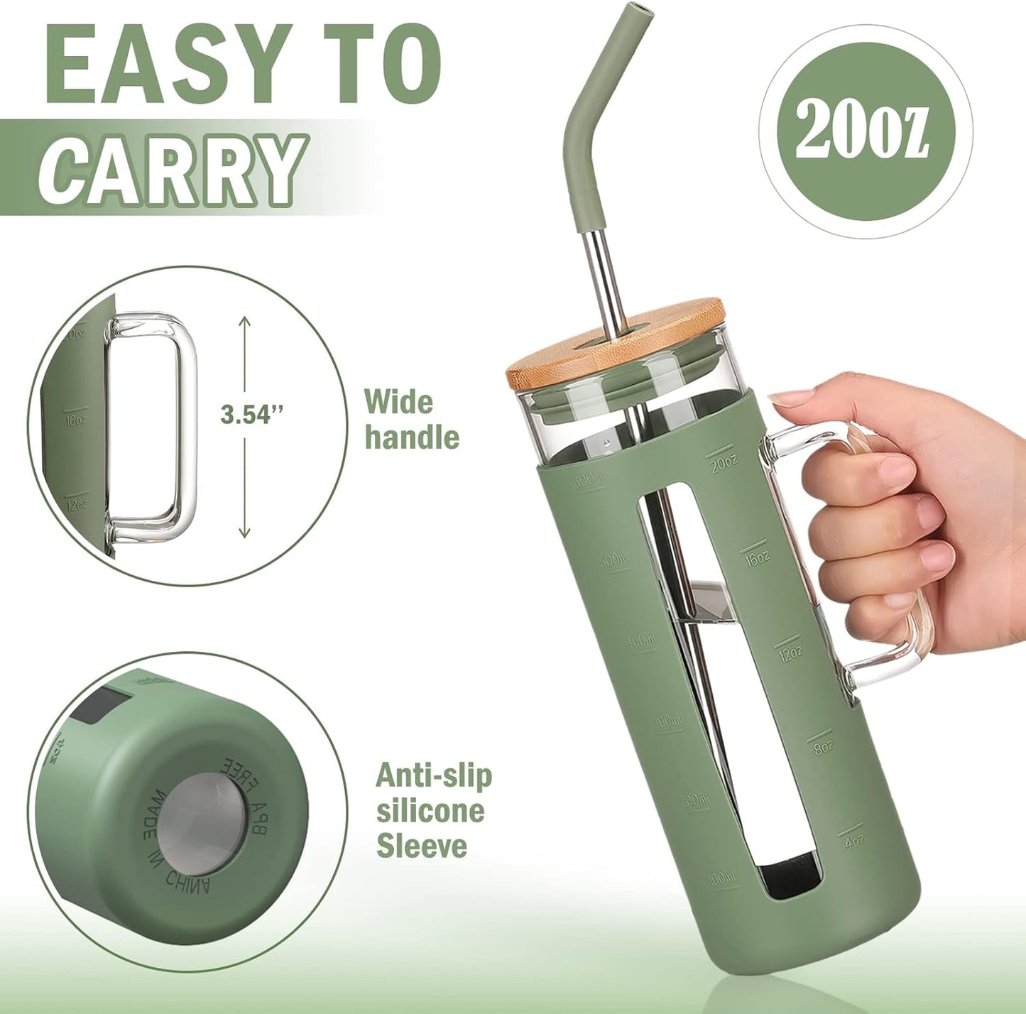 Kodrine Tumbler with Lid and Straw, 20 oz Glass Coffee Tumbler with Handle, Smoothie Cup with Bamboo Lid | Time Marker | Silicone Protective Sleeve, BPA Free - Olive