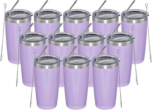 MEWAY 20oz Tumbler 12 Pack Double Wall Vacuum Insulated Travel Glitter Mug Bulk, Stainless Steel Tumblers with Lid and Straw, Powder Coated Coffee Cups for Woman(Rainbow Purple,Set of 12)