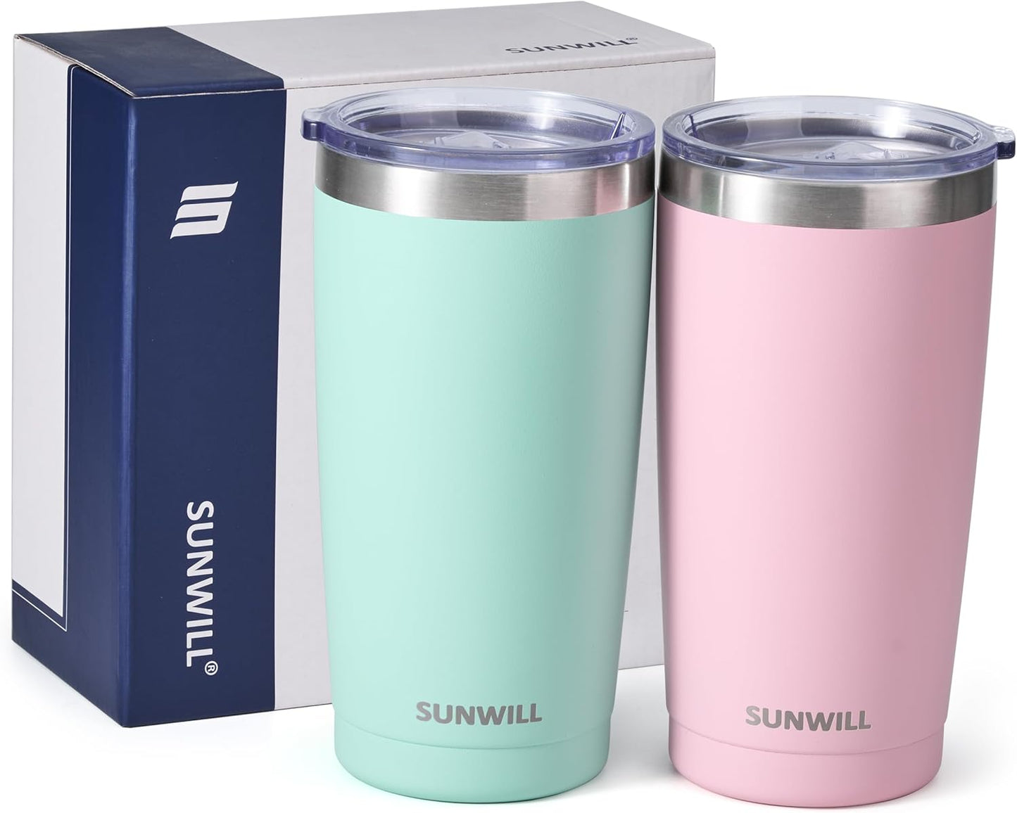 SUNWILL Travel Coffee Mug with Lid, 20 oz Tumbler Set of 2, Insulated Stainless Steel Cup for Water, Tea, Powder Coated Sakura & Mint